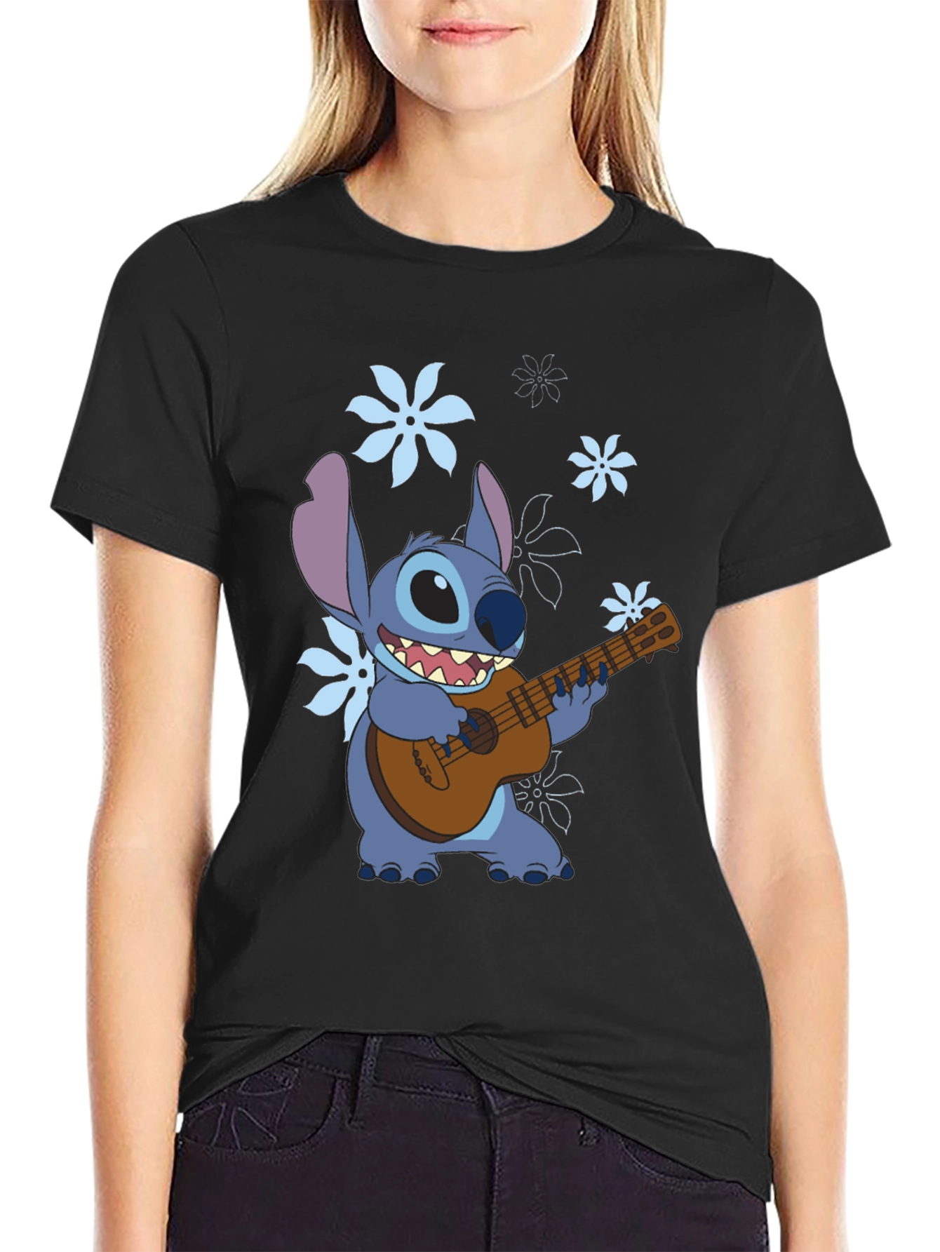 Stitch Ukulele Graphic T-Shirt - Black Cotton Tee