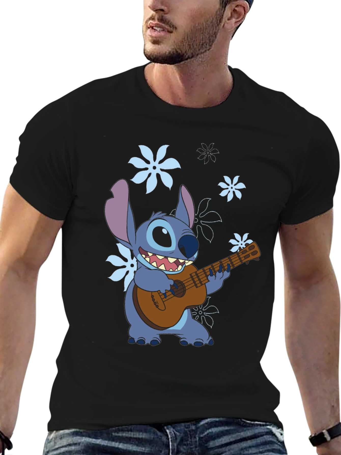 Stitch Ukulele Graphic T-Shirt - Black Cotton Tee