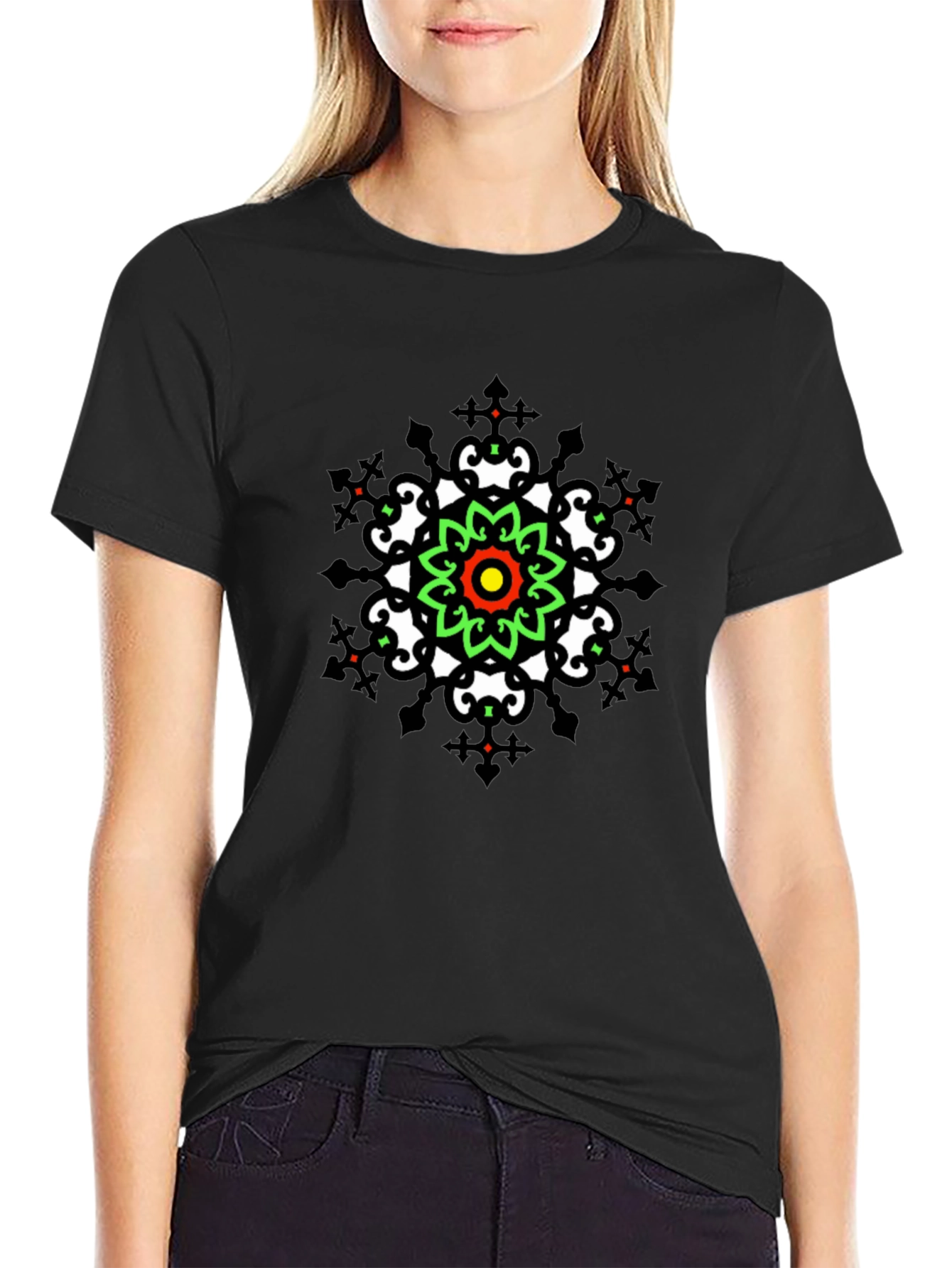 Geometric Mandala Print Black T-Shirt
