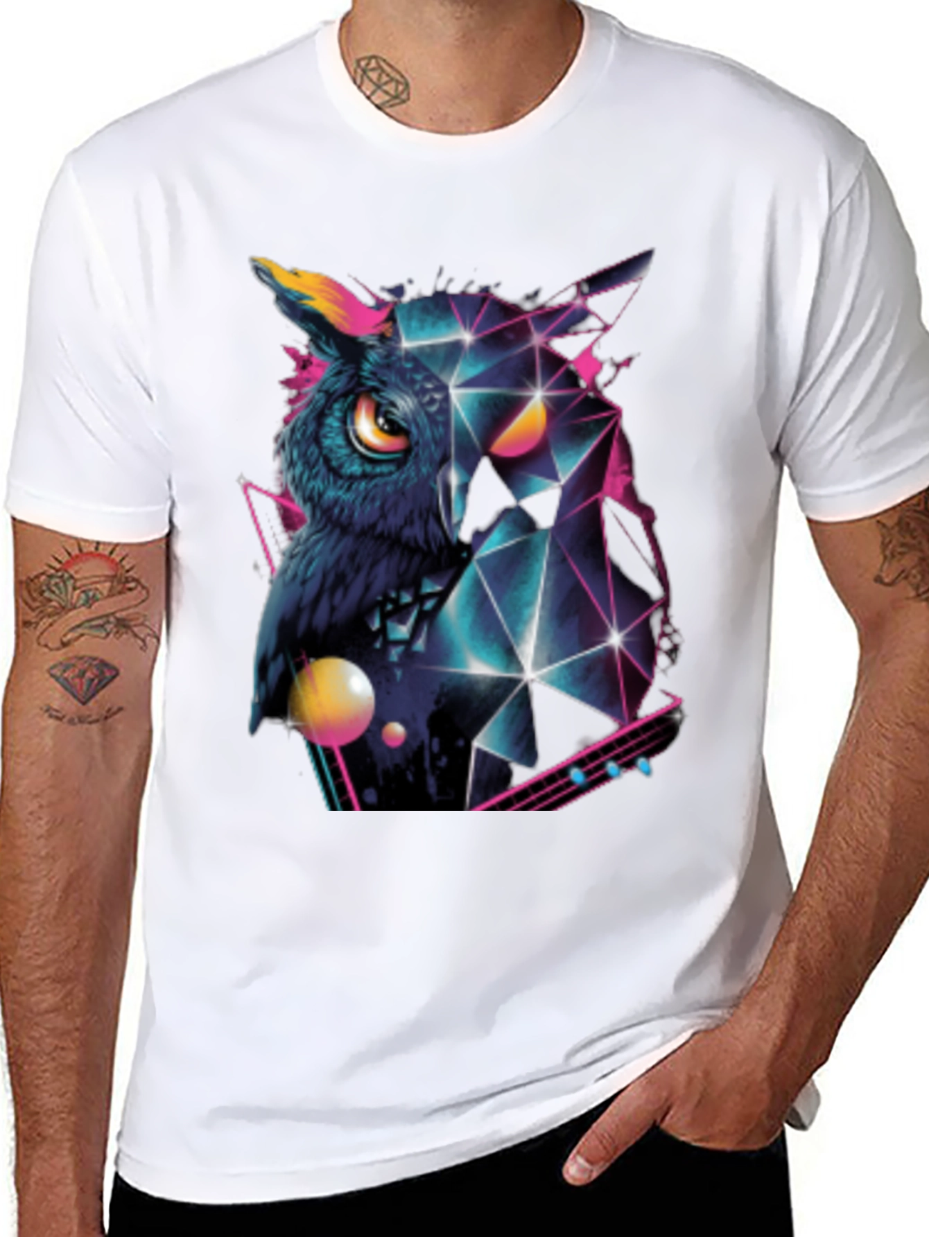 Geometric Owl Graphic Print Black T-Shirt