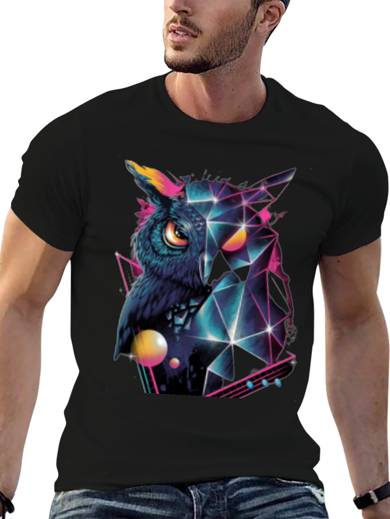 Geometric Owl Graphic Print Black T-Shirt