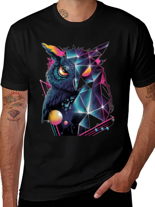 Geometric Owl Graphic Print Black T-Shirt