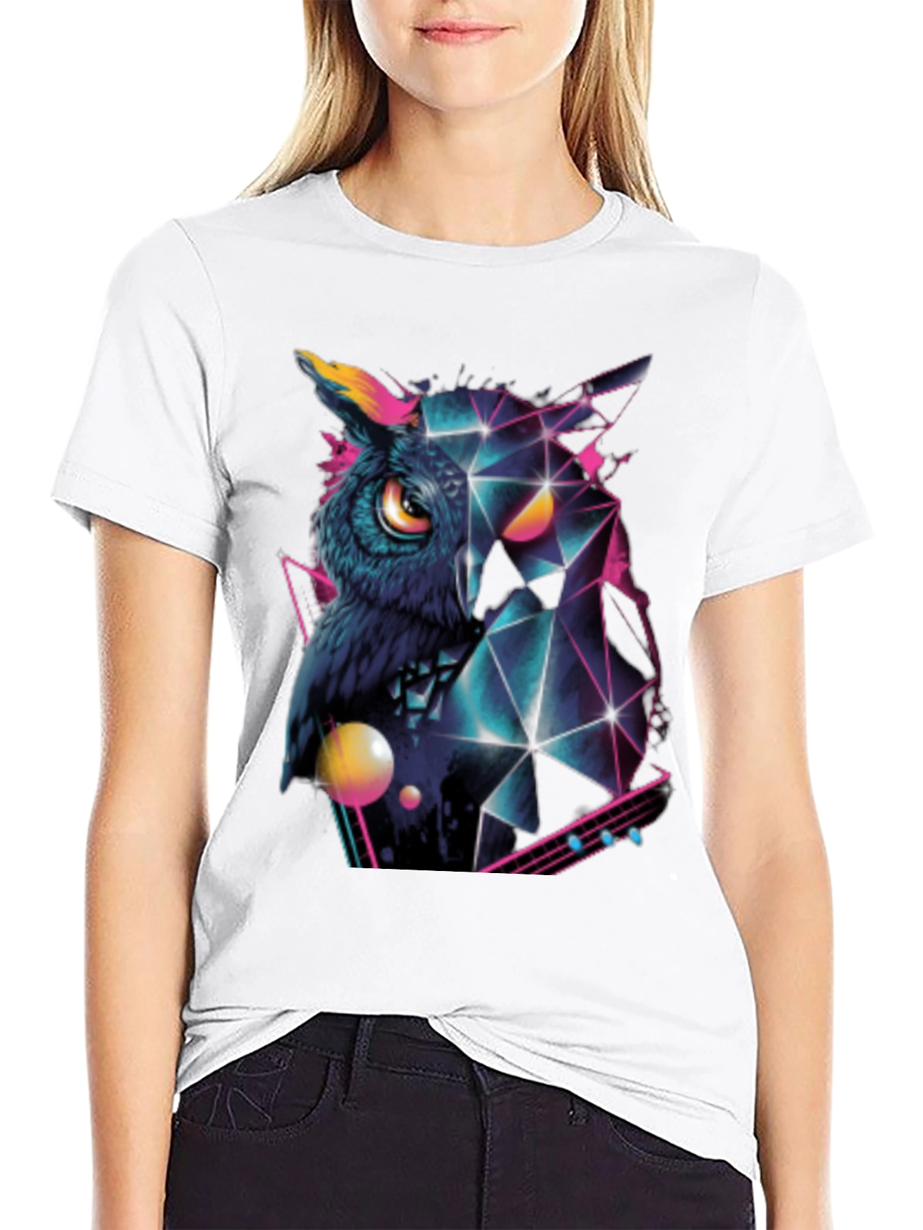 Geometric Owl Graphic Print Black T-Shirt