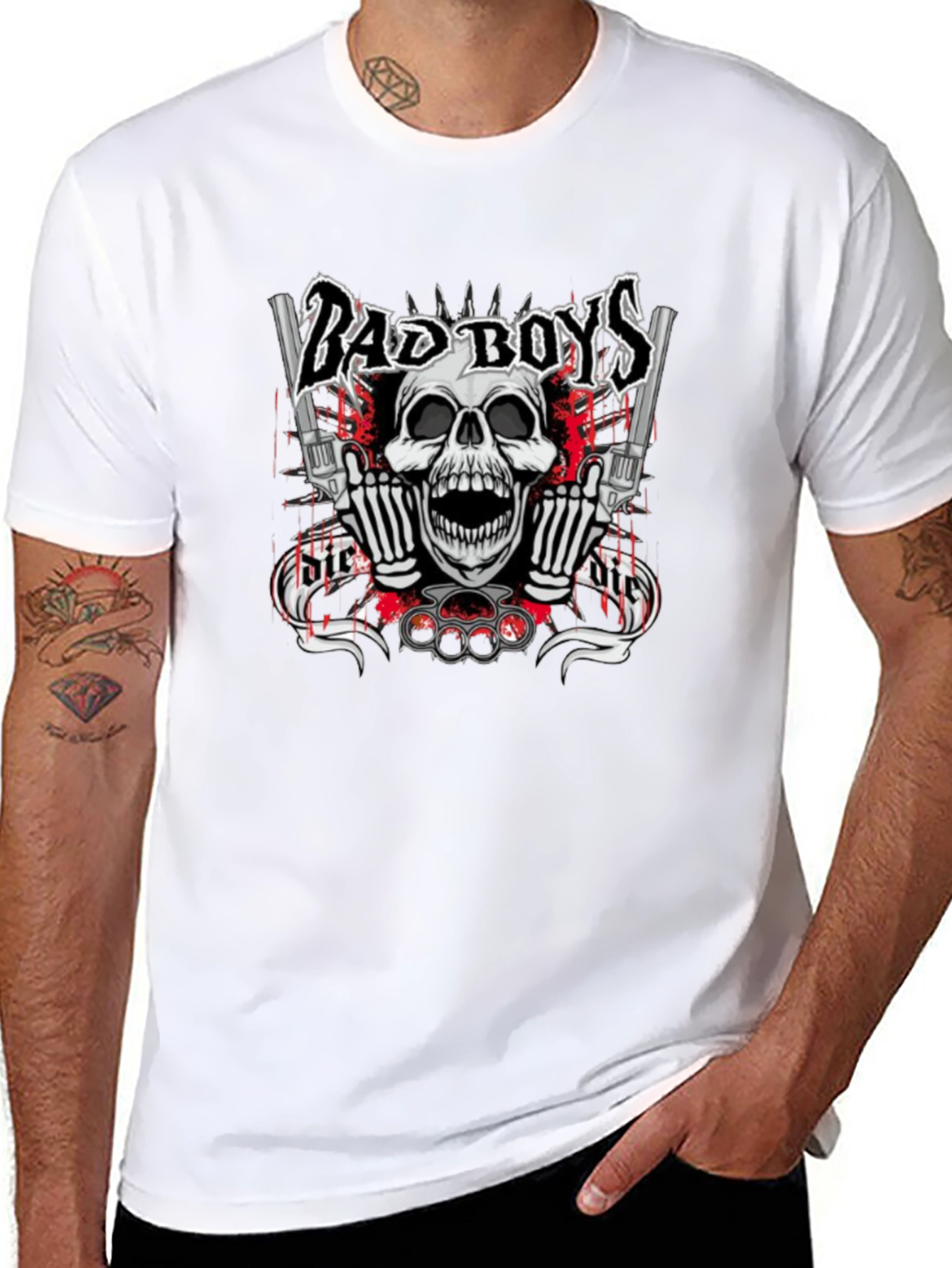 Bad Boys Graphic T-Shirt - Skull & Guns Design