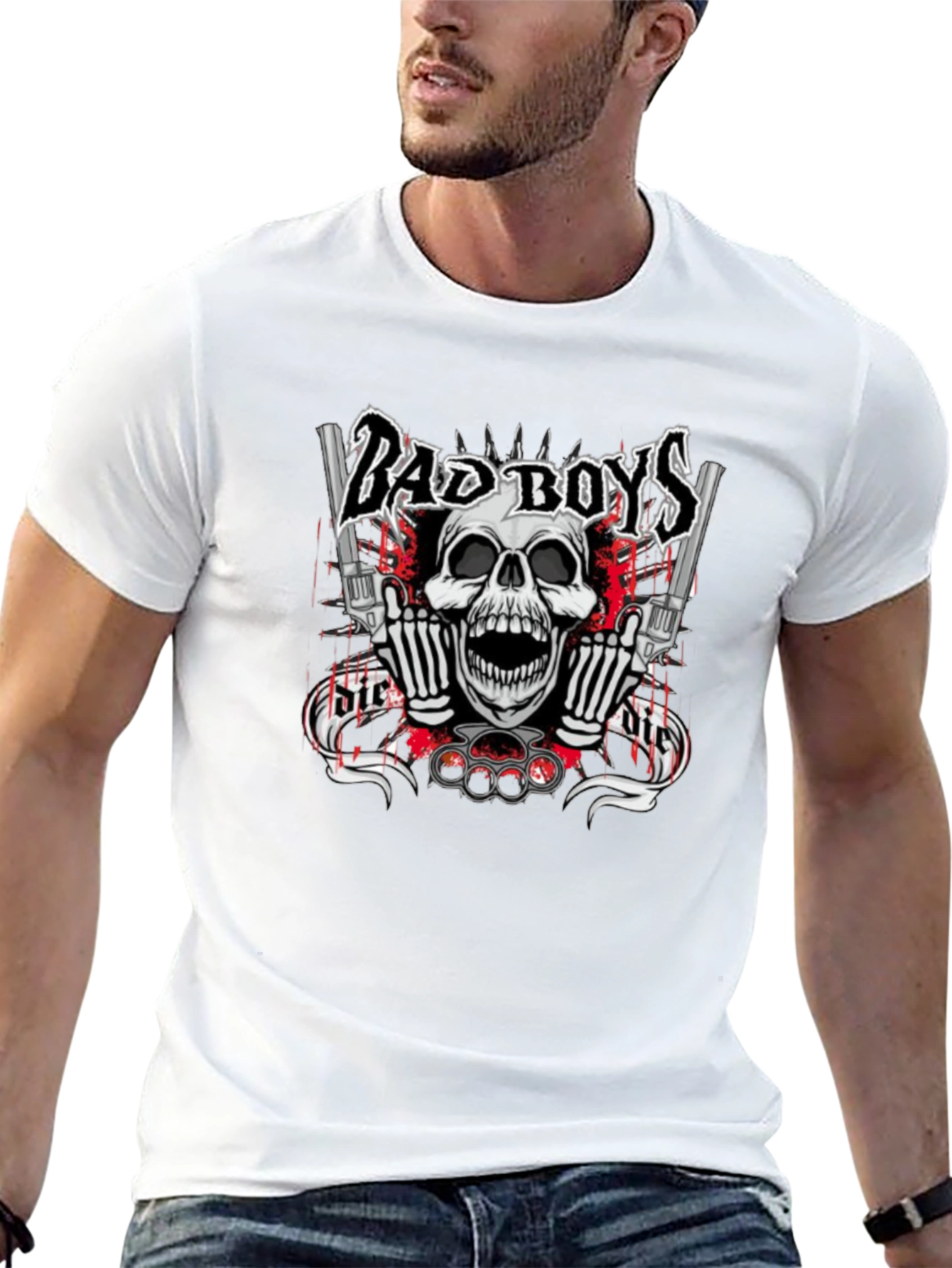 Bad Boys Graphic T-Shirt - Skull & Guns Design