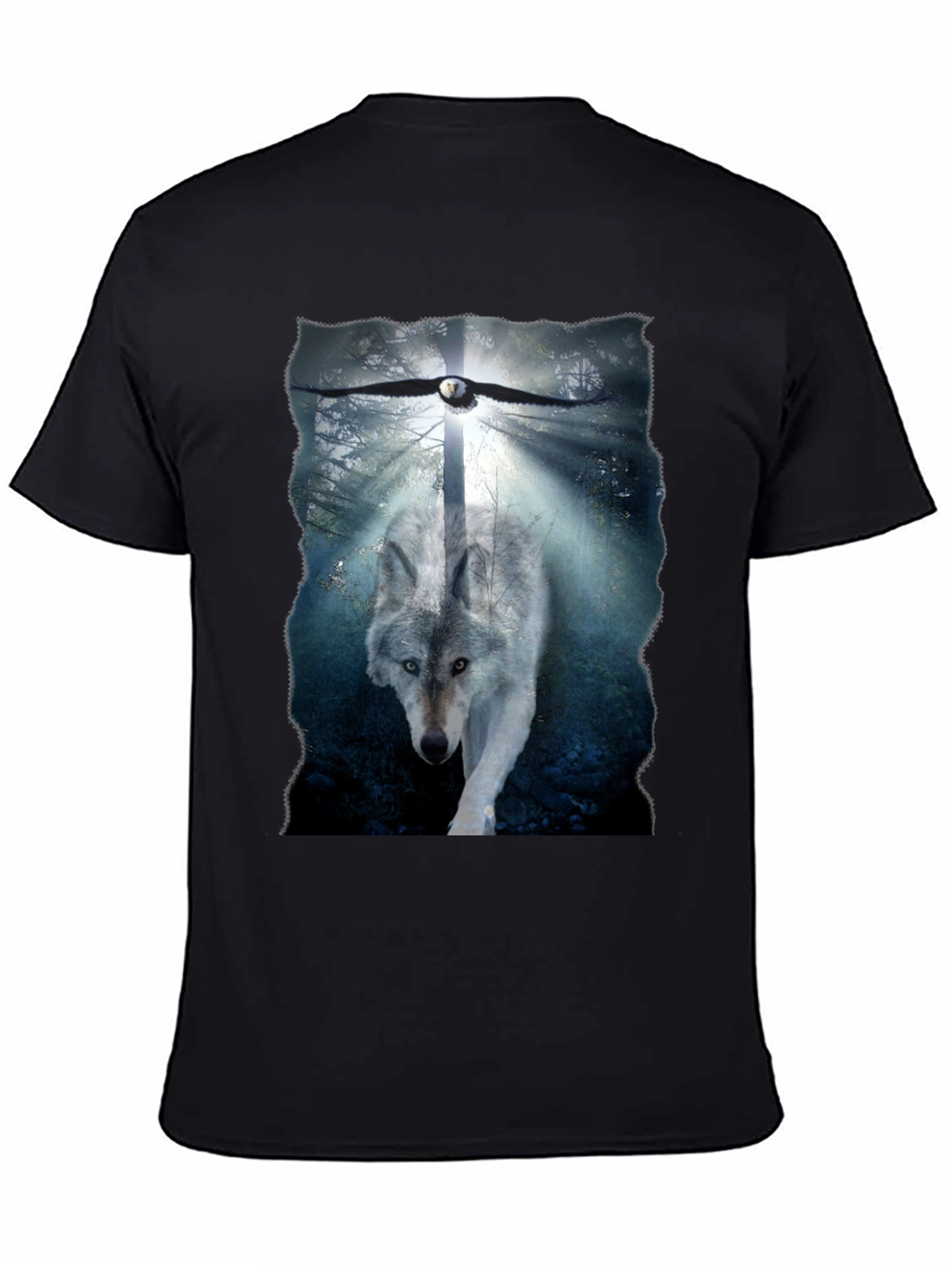 Wolf and Eagle Graphic Print Black T-Shirt