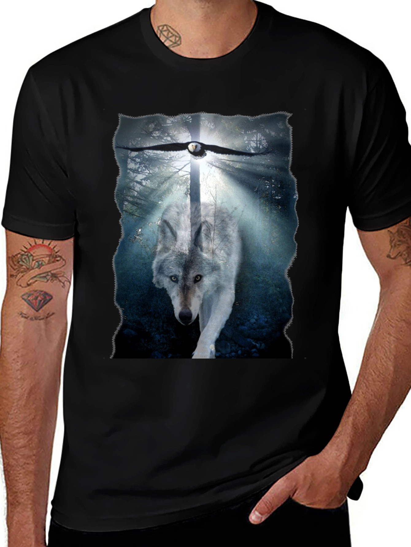 Wolf and Eagle Graphic Print Black T-Shirt