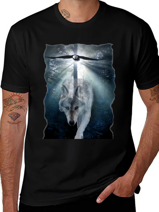 Wolf and Eagle Graphic Print Black T-Shirt