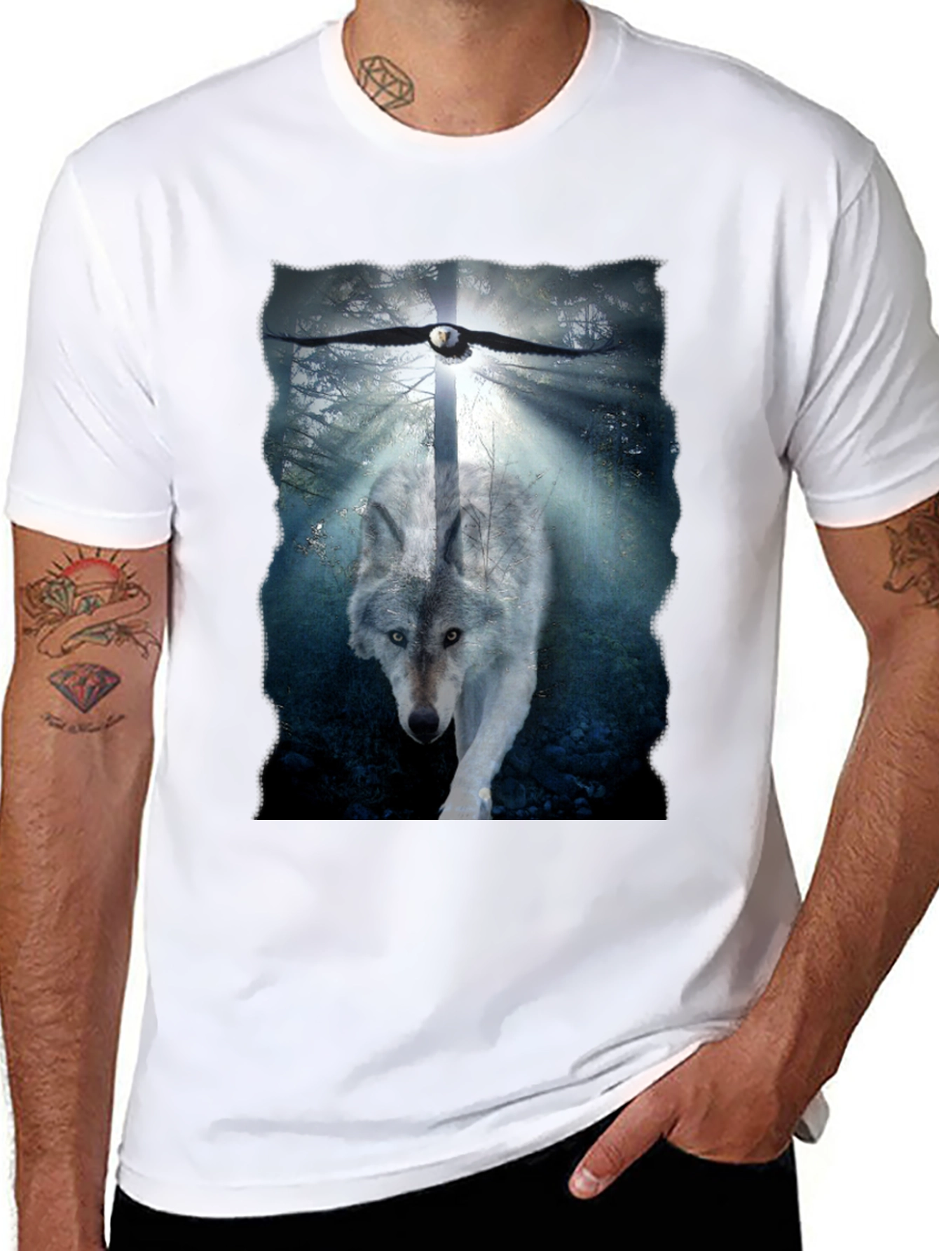 Wolf and Eagle Graphic Print Black T-Shirt