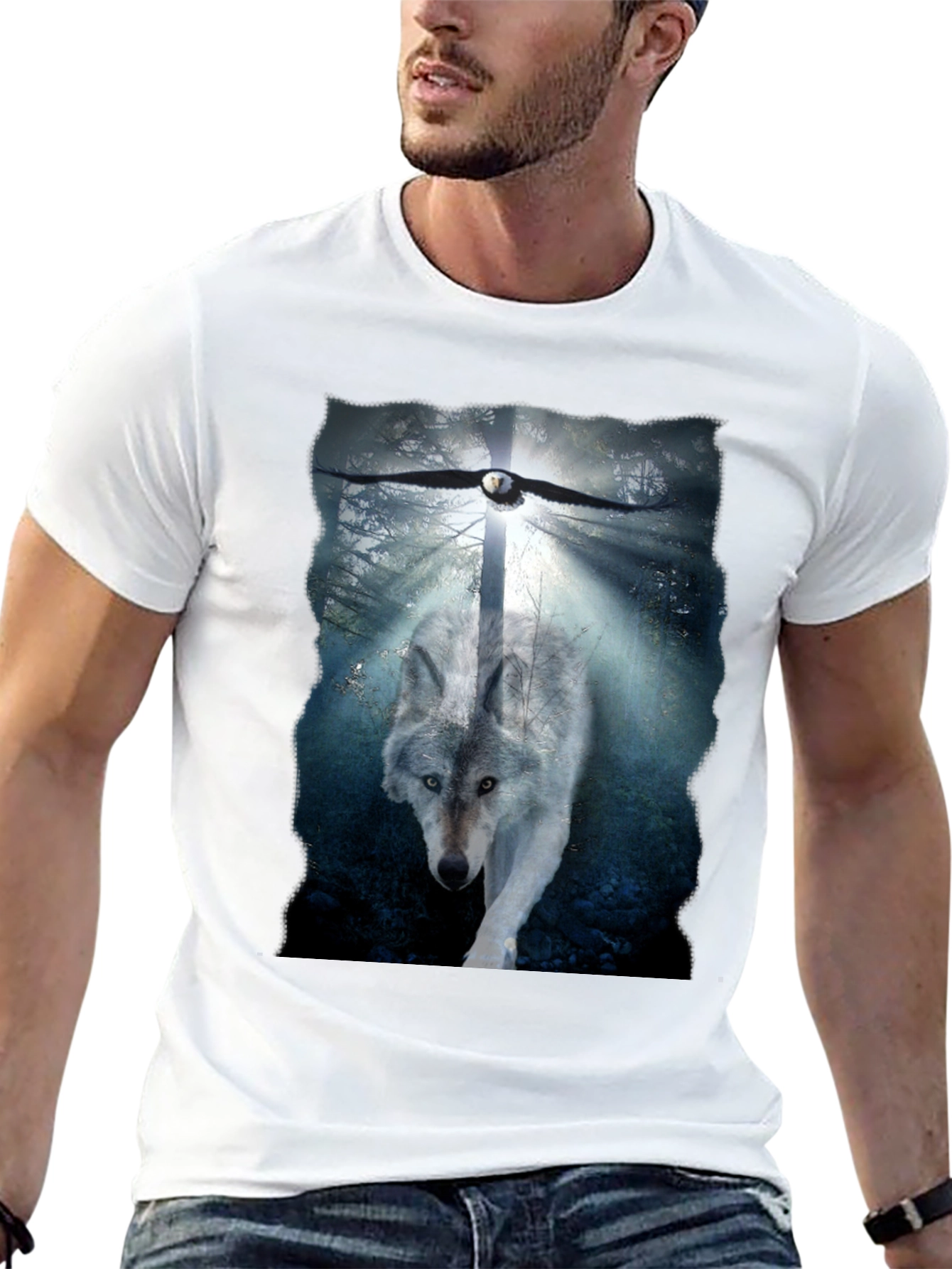 Wolf and Eagle Graphic Print Black T-Shirt
