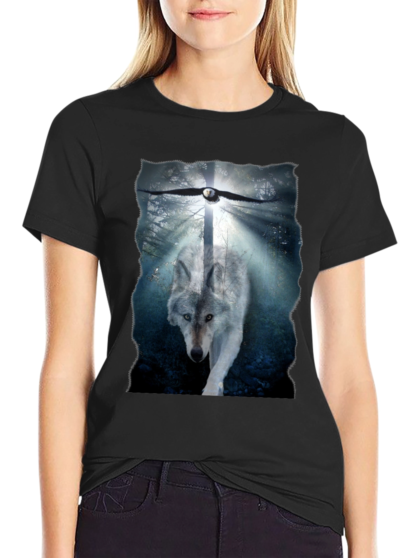 Wolf and Eagle Graphic Print Black T-Shirt
