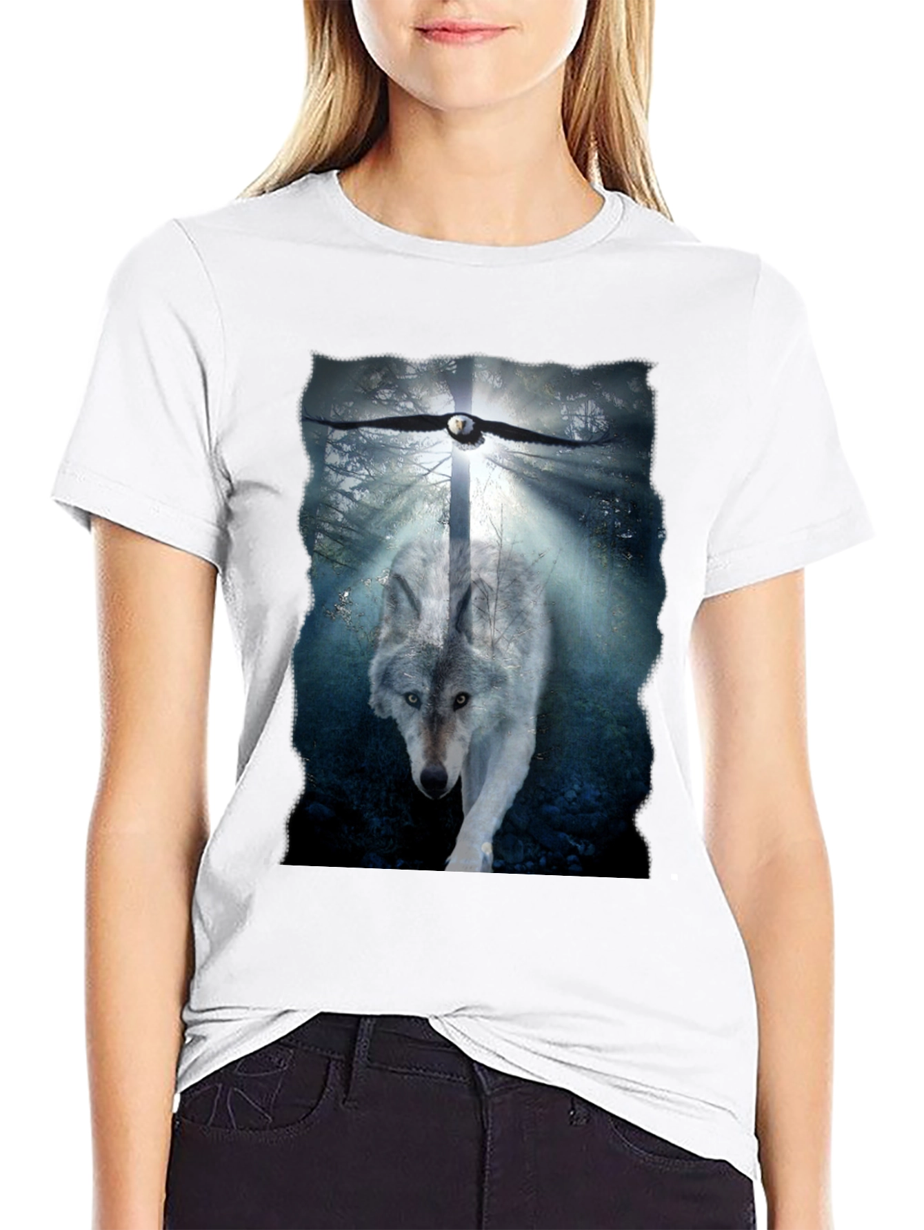 Wolf and Eagle Graphic Print Black T-Shirt