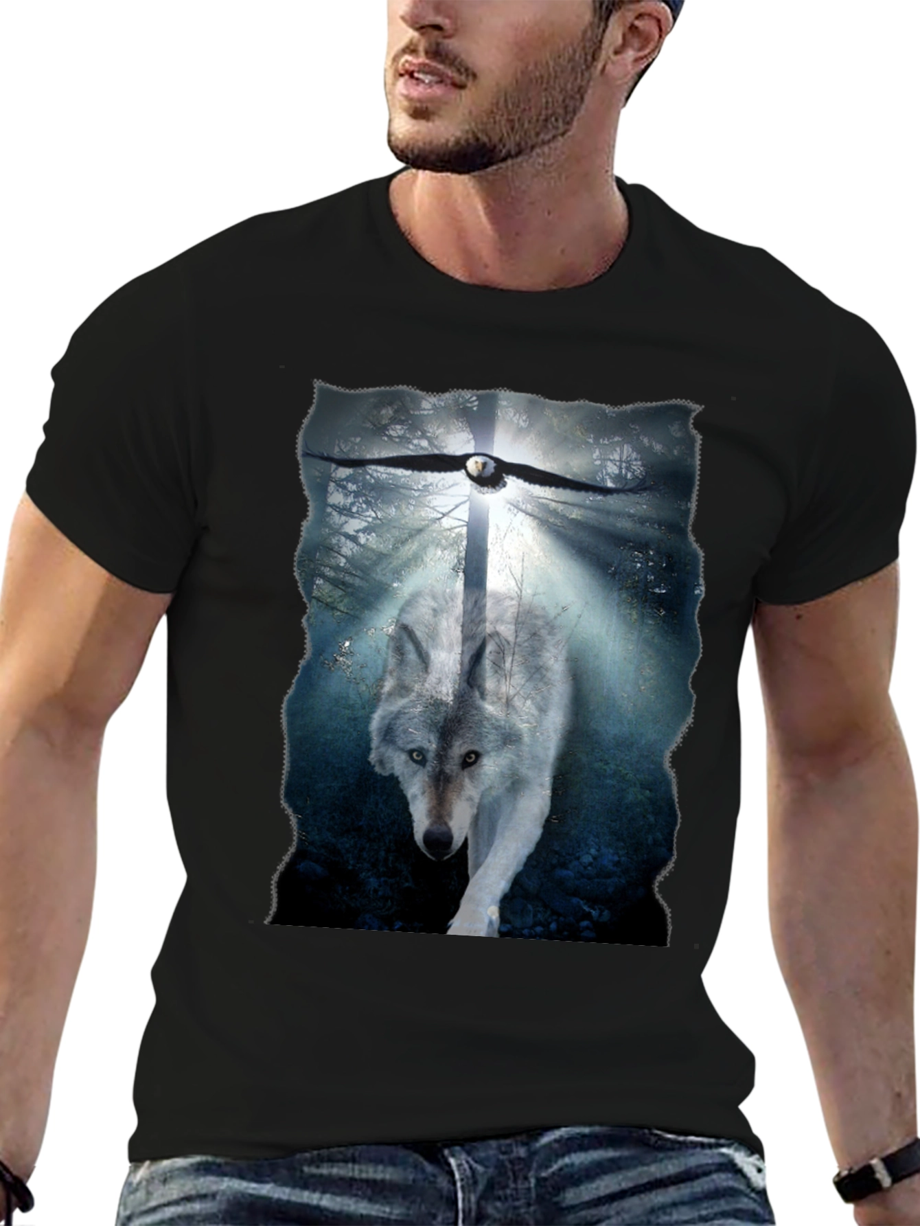 Wolf and Eagle Graphic Print Black T-Shirt