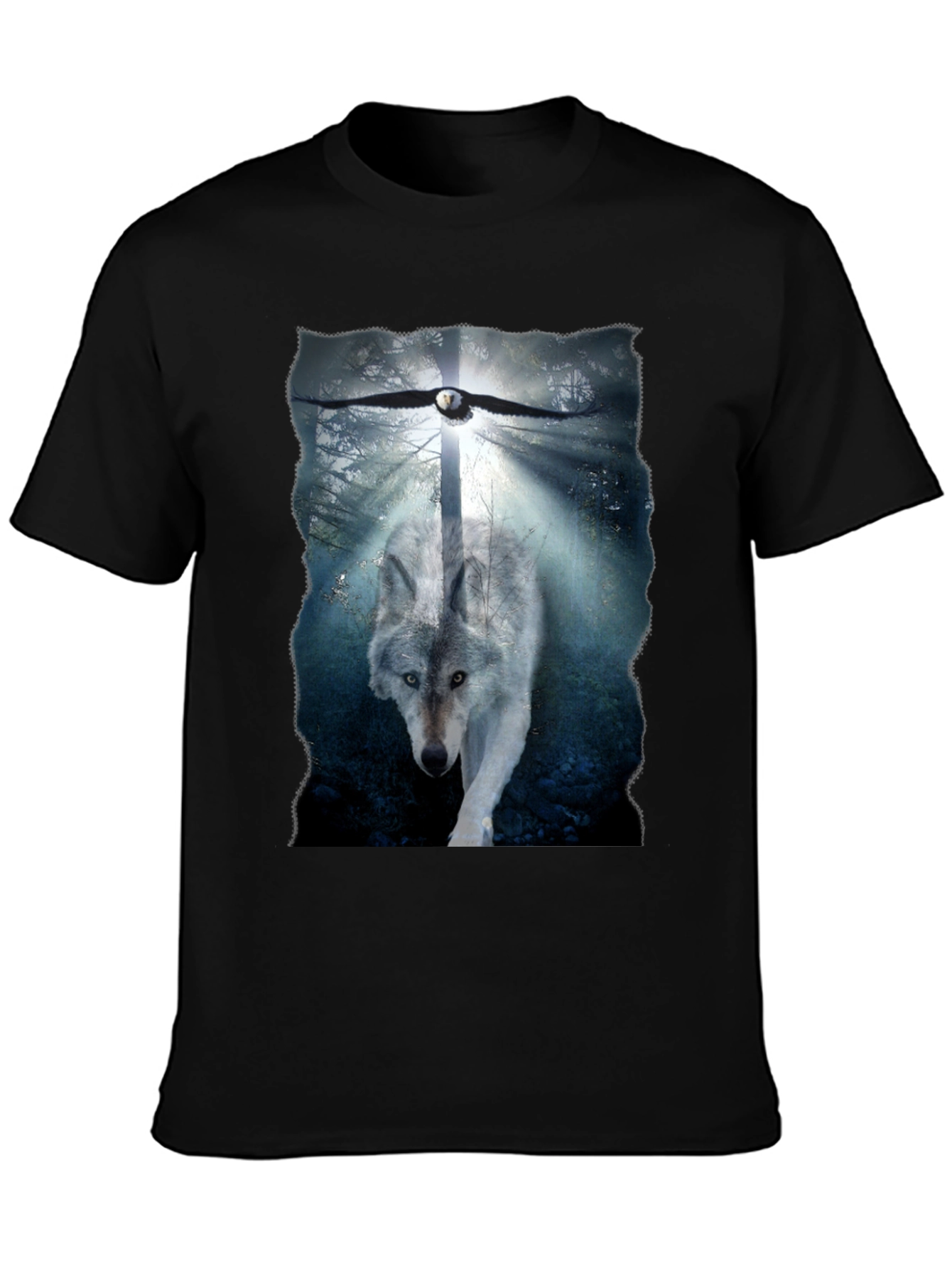 Wolf and Eagle Graphic Print Black T-Shirt