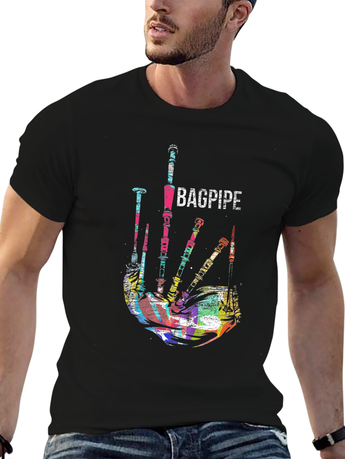 Bagpipe Graphic Black T-Shirt Unique Music Tee