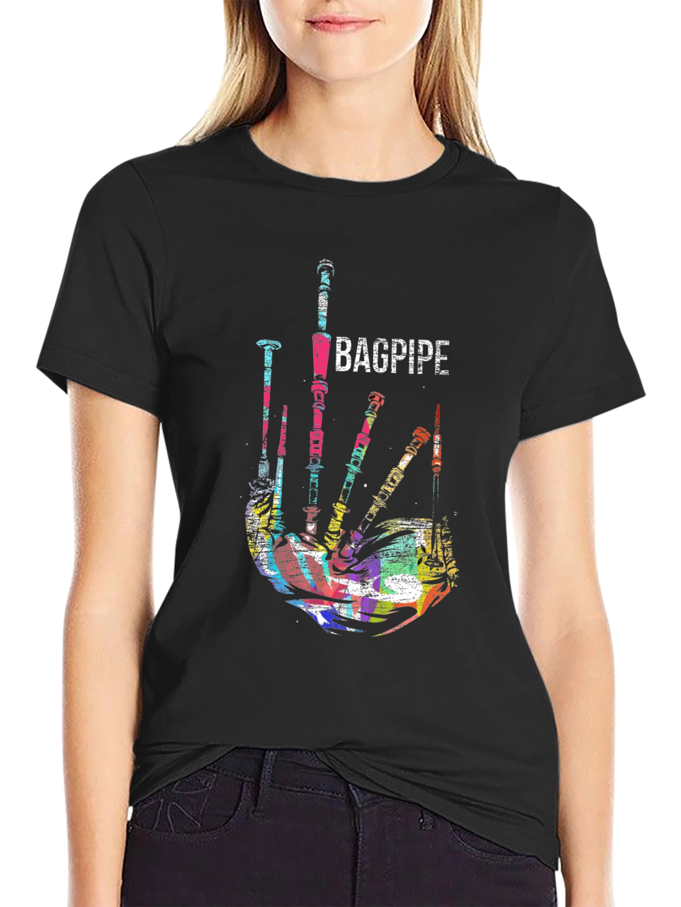 Bagpipe Graphic Black T-Shirt Unique Music Tee