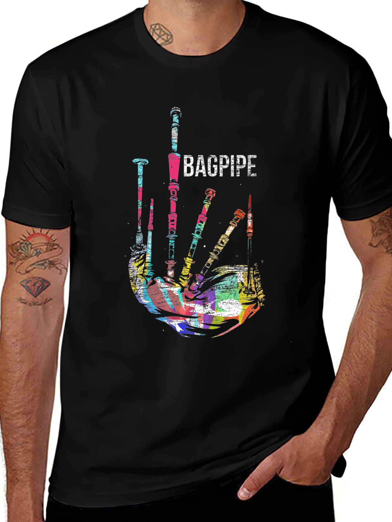 Bagpipe Graphic Black T-Shirt Unique Music Tee