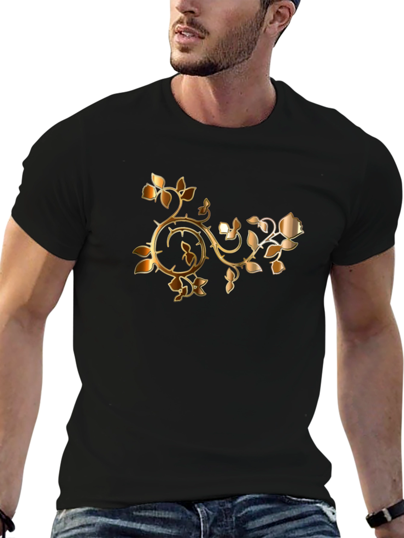 Stylish Black T-Shirt with Golden Rose Vine Design