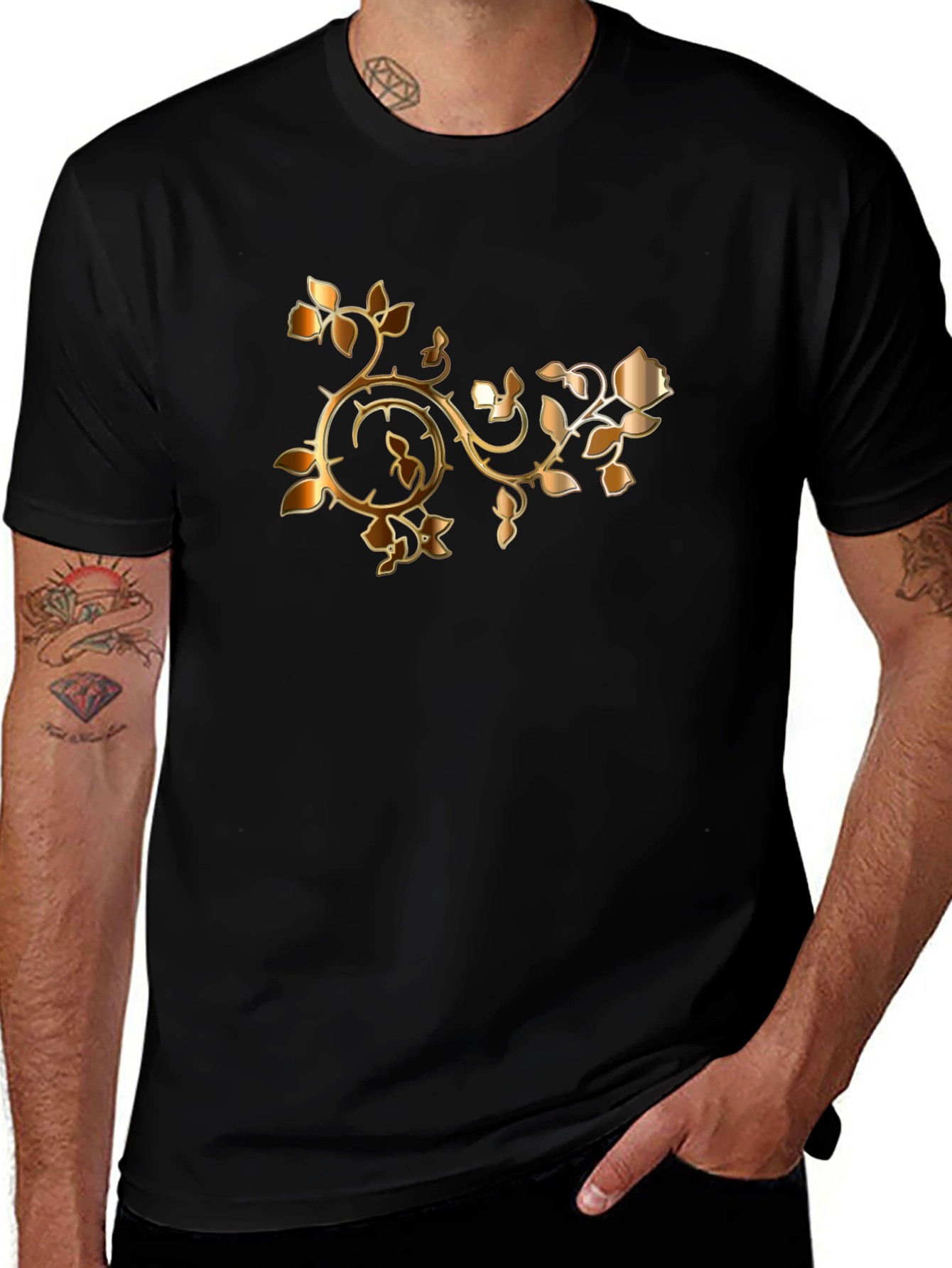 Stylish Black T-Shirt with Golden Rose Vine Design