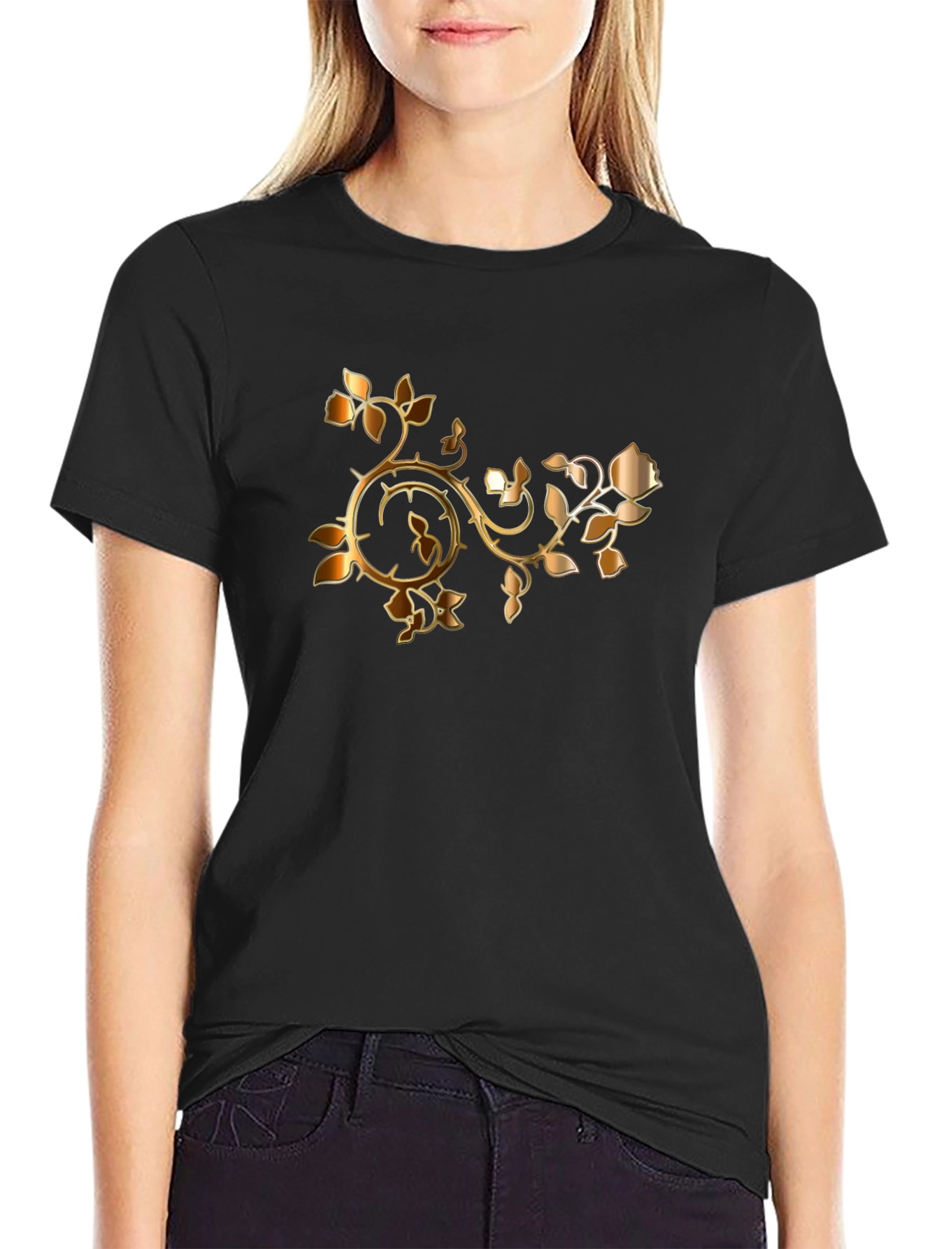 Stylish Black T-Shirt with Golden Rose Vine Design