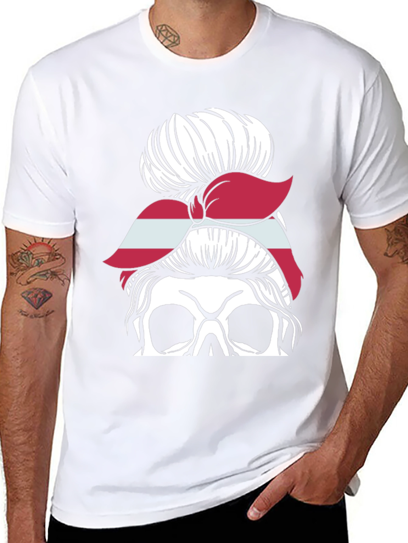 Skull Messy Bun Latvia Flag Womens T-Shirt