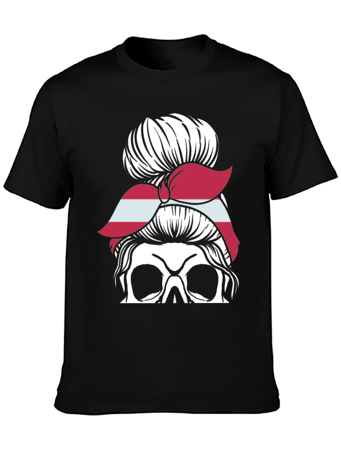 Skull Messy Bun Latvia Flag Womens T-Shirt