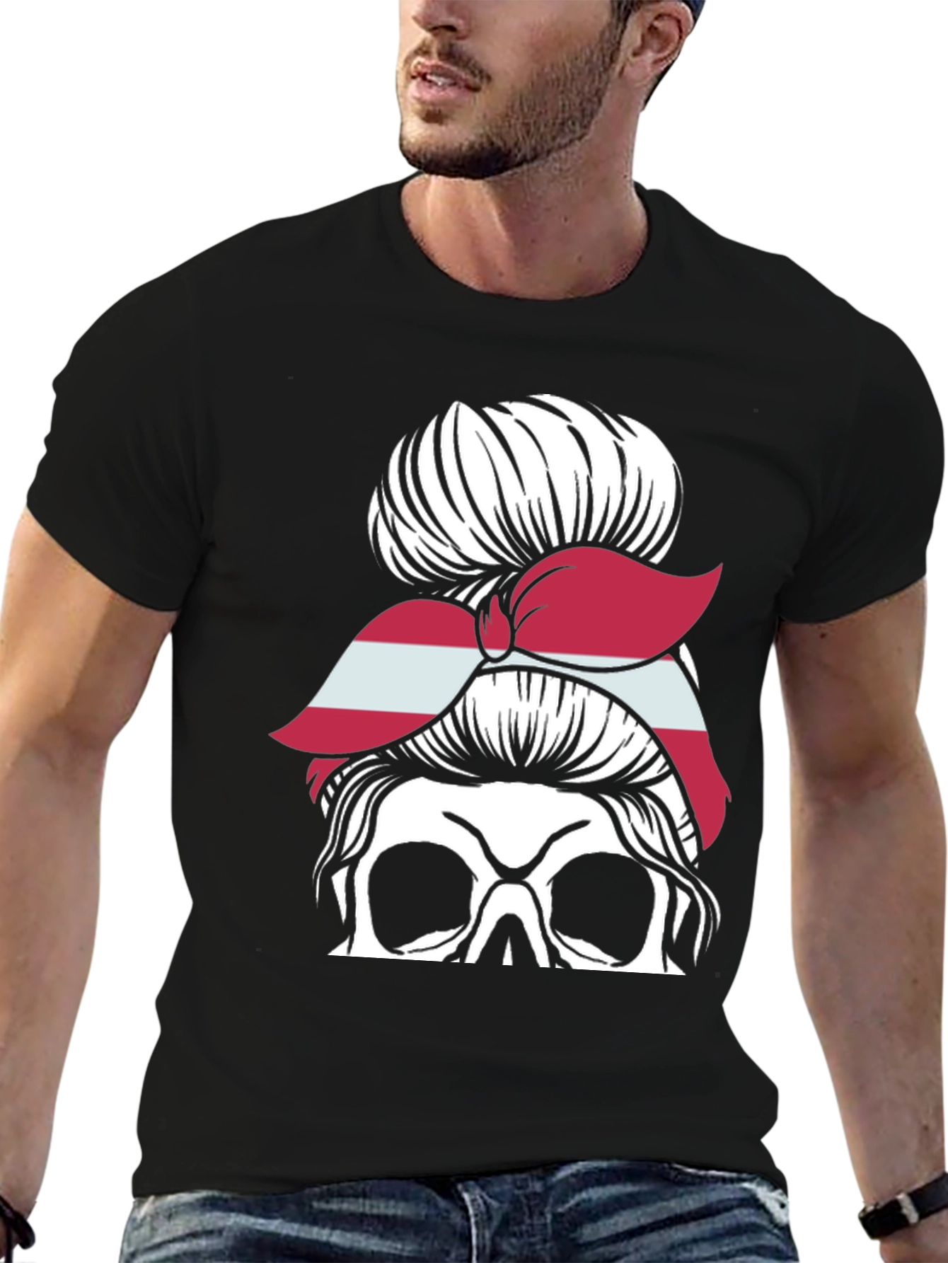 Skull Messy Bun Latvia Flag Womens T-Shirt