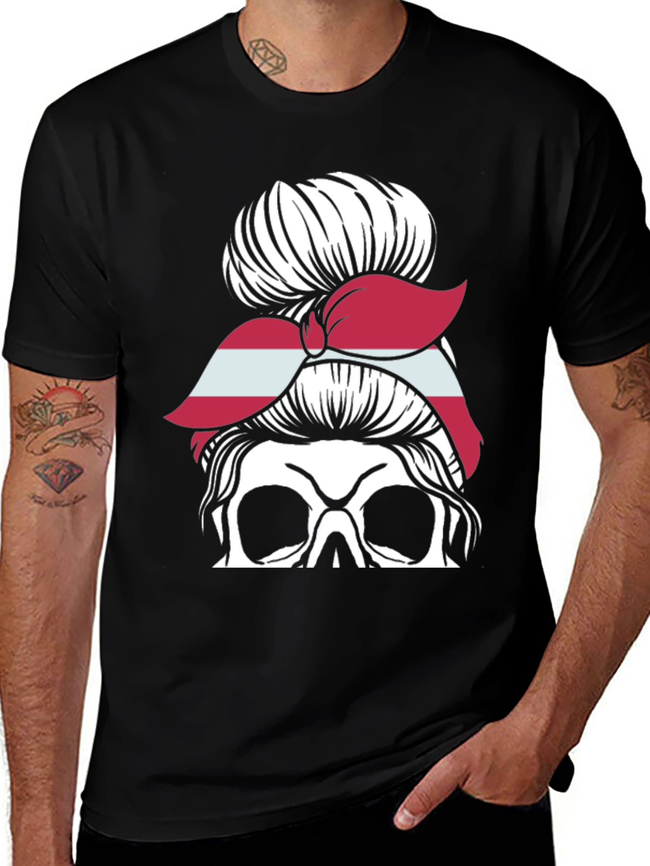 Skull Messy Bun Latvia Flag Womens T-Shirt