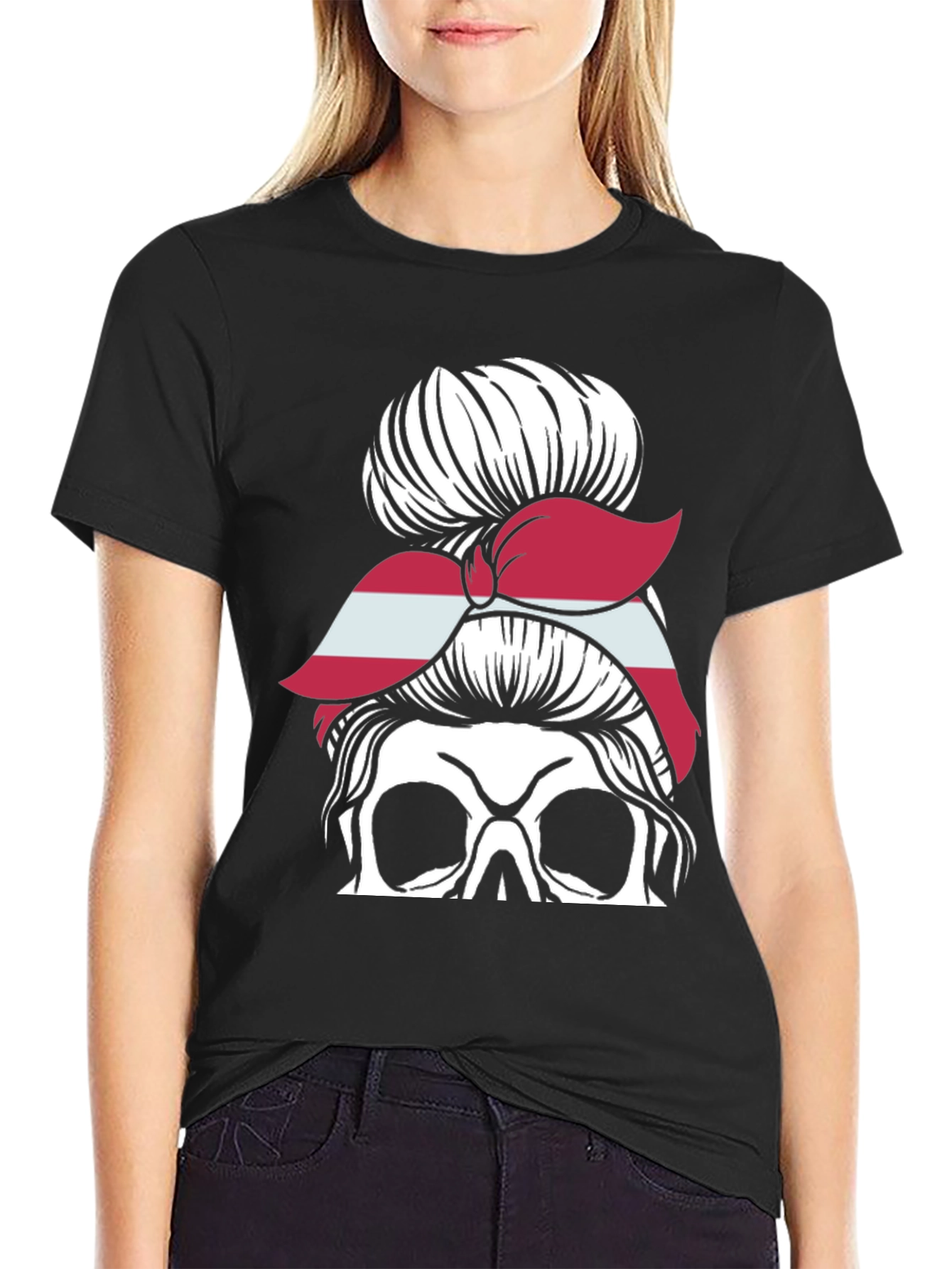 Skull Messy Bun Latvia Flag Womens T-Shirt