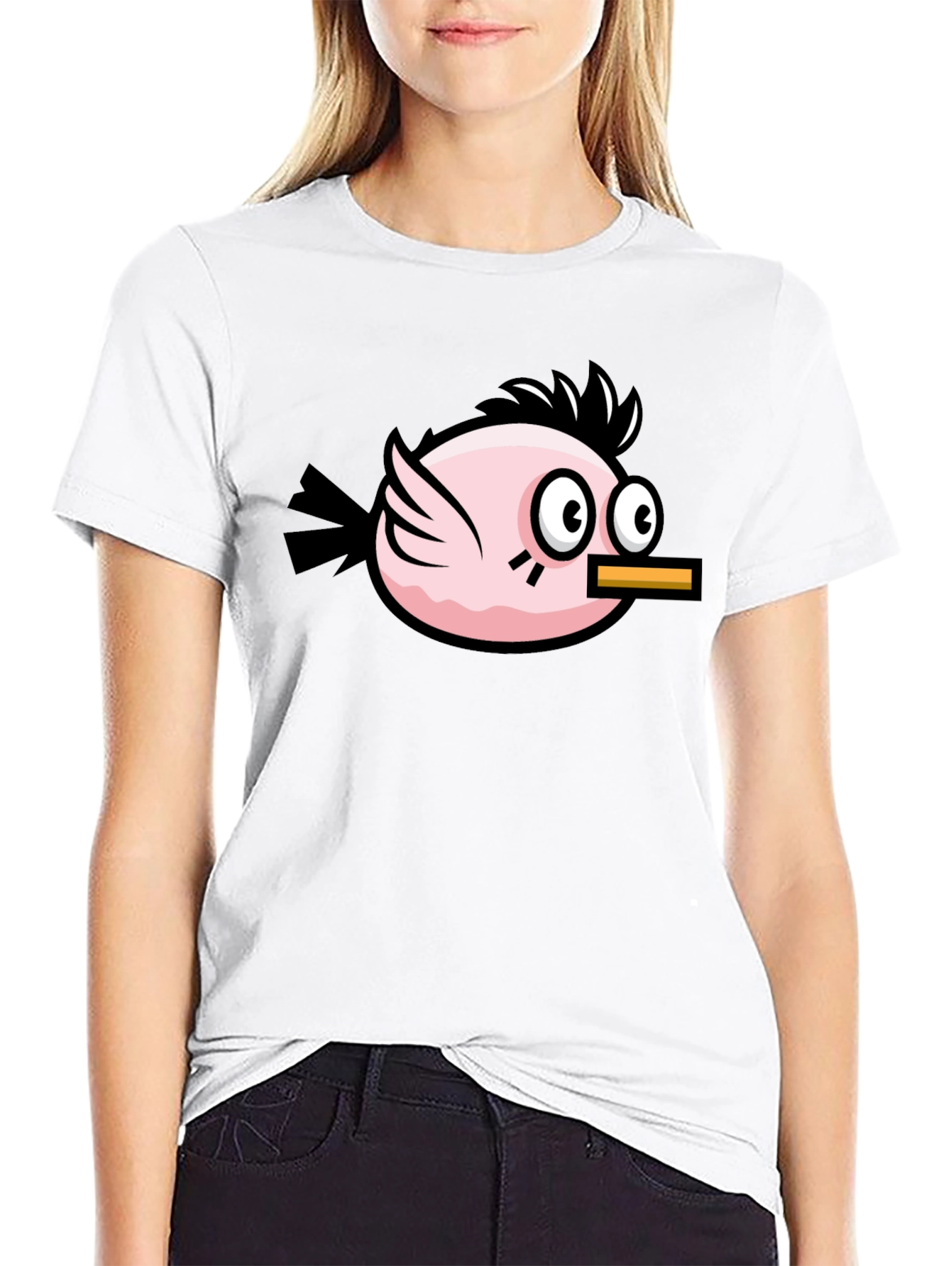 Funny Pink Bird Graphic Tee - Black Cotton T-Shirt