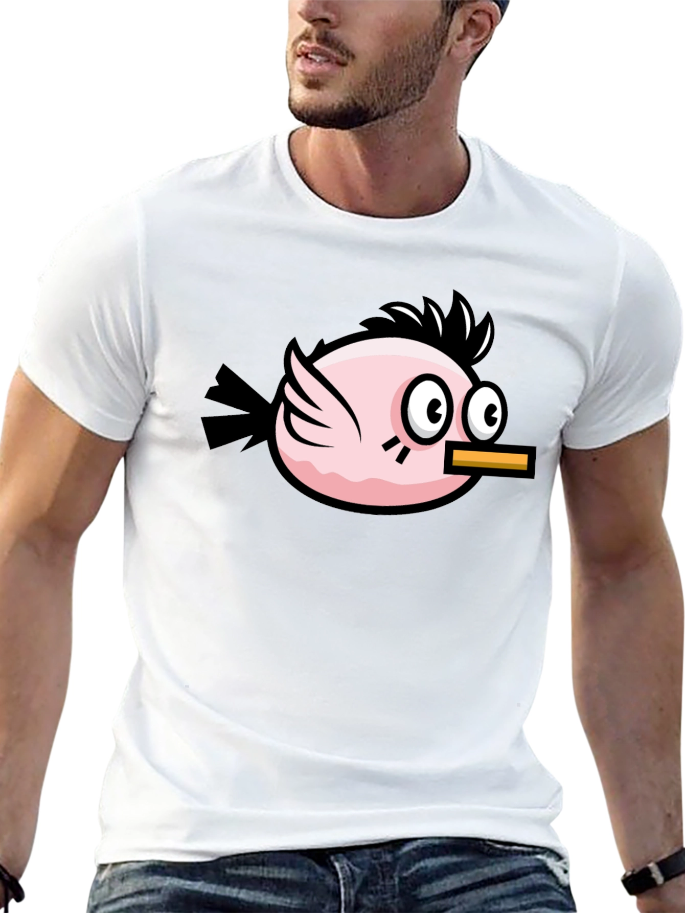 Funny Pink Bird Graphic Tee - Black Cotton T-Shirt