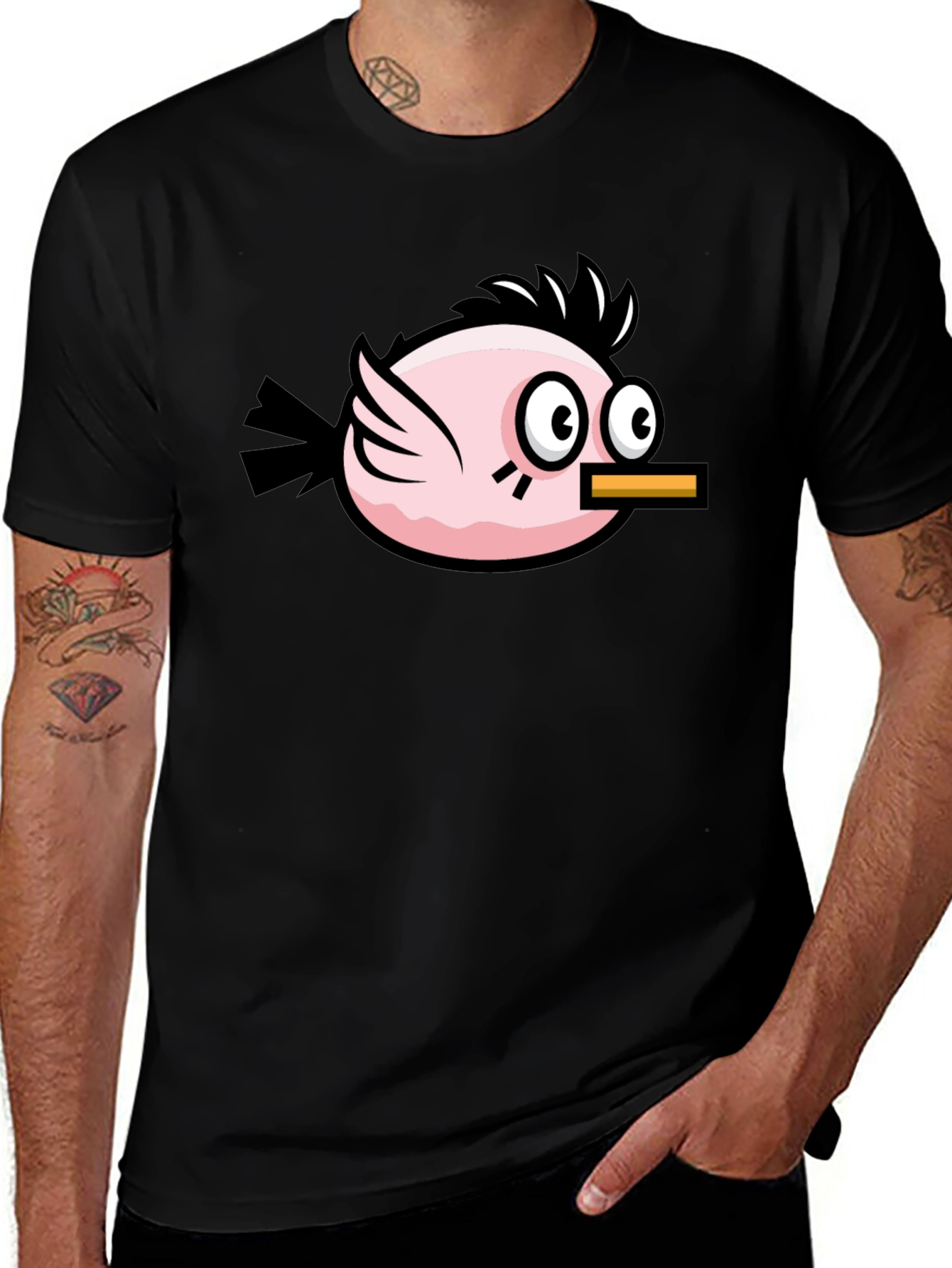 Funny Pink Bird Graphic Tee - Black Cotton T-Shirt