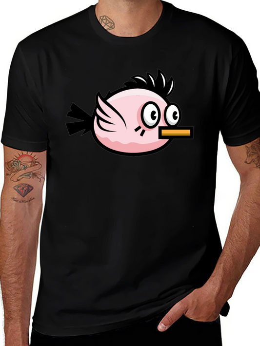 Funny Pink Bird Graphic Tee - Black Cotton T-Shirt