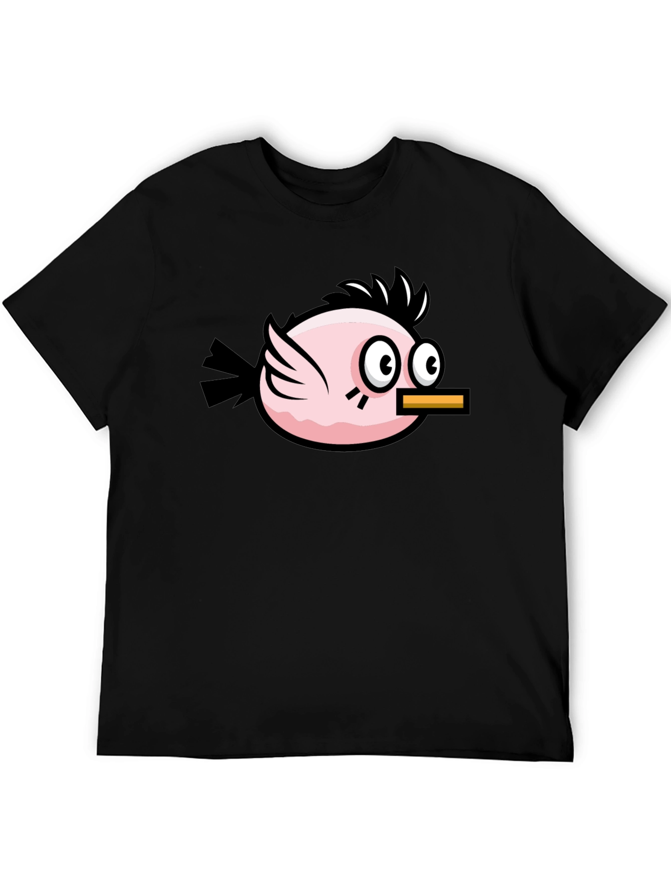 Funny Pink Bird Graphic Tee - Black Cotton T-Shirt