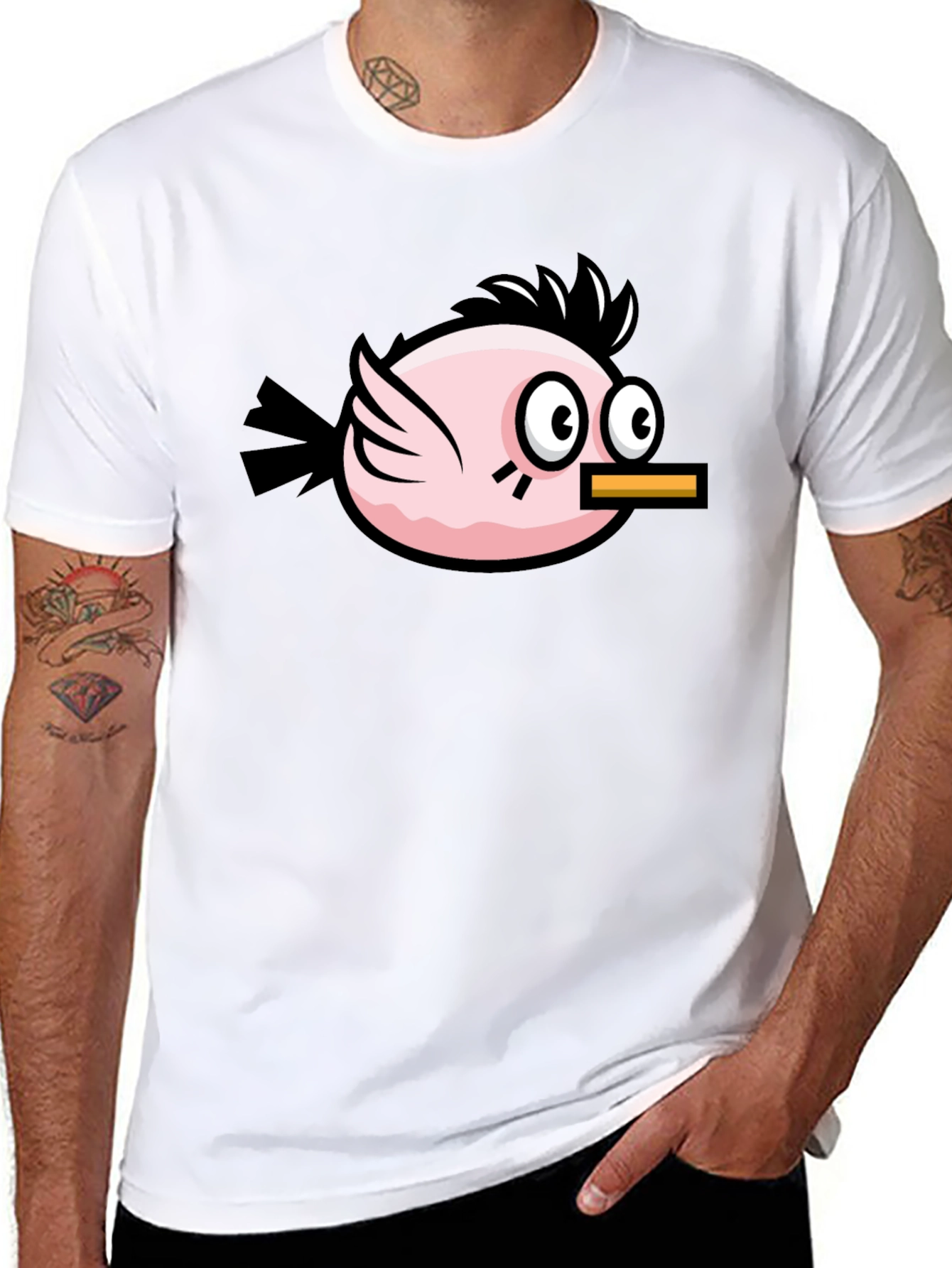 Funny Pink Bird Graphic Tee - Black Cotton T-Shirt