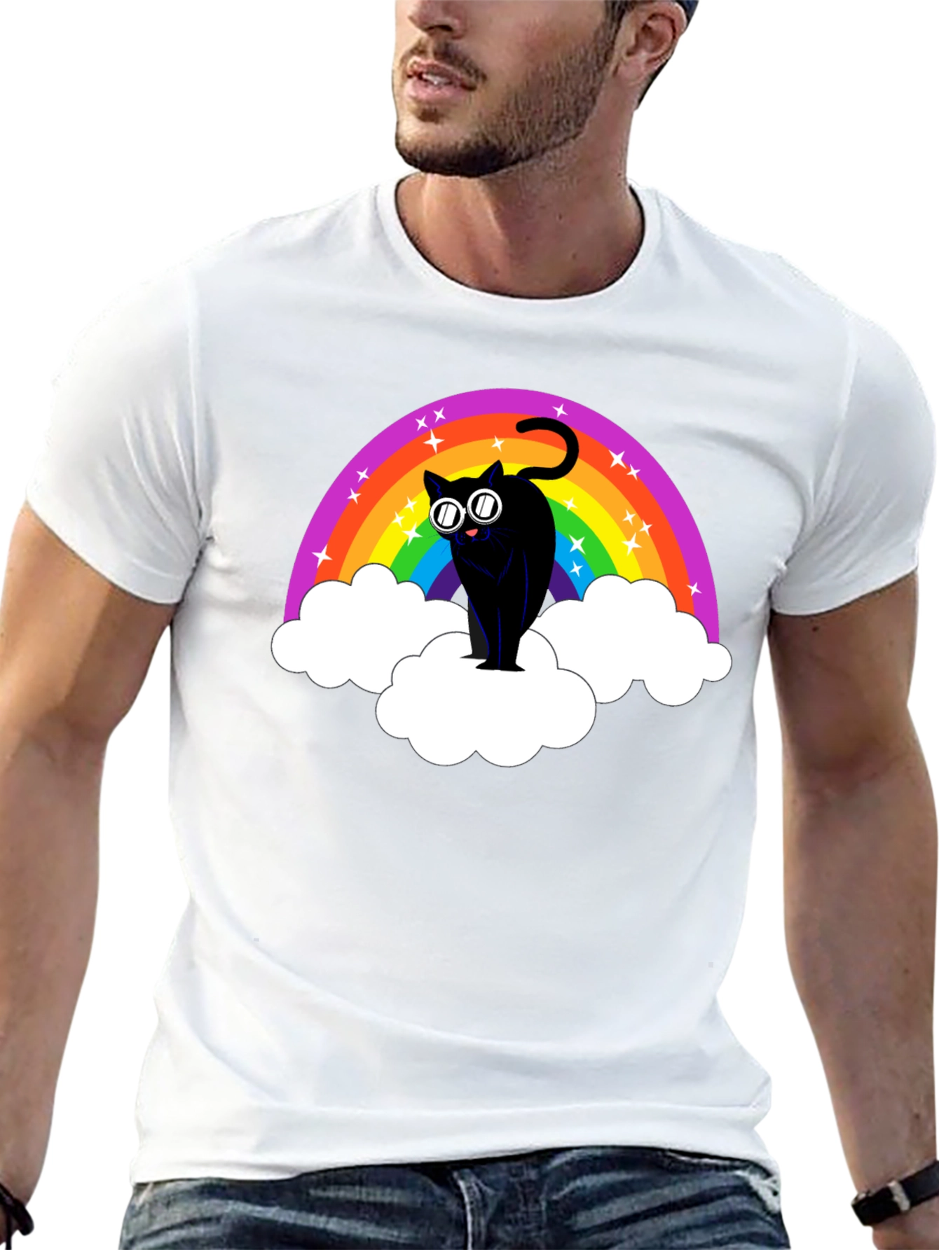 Rainbow Cat T-Shirt - Black Cotton Tee