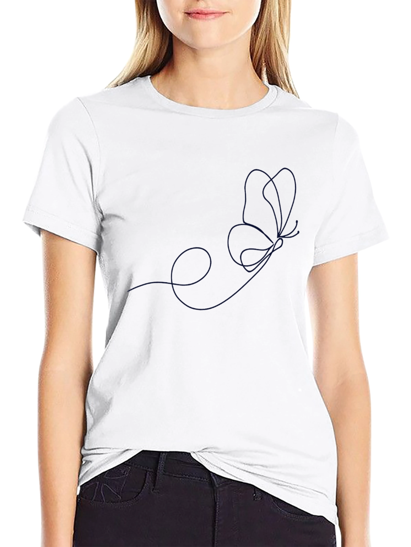 Minimalist Butterfly Line Art Black T-Shirt