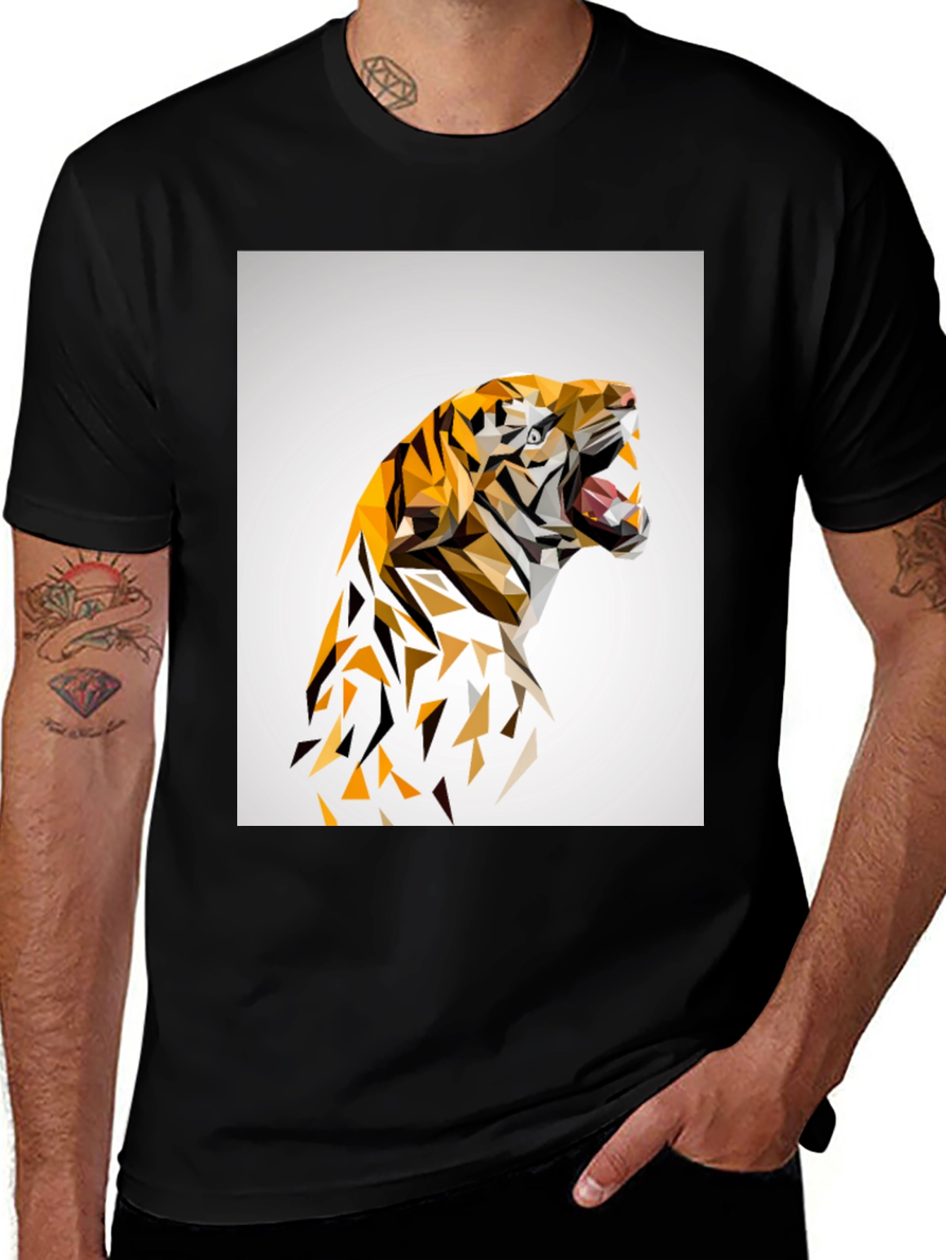 Geometric Tiger Graphic Print Black T-Shirt