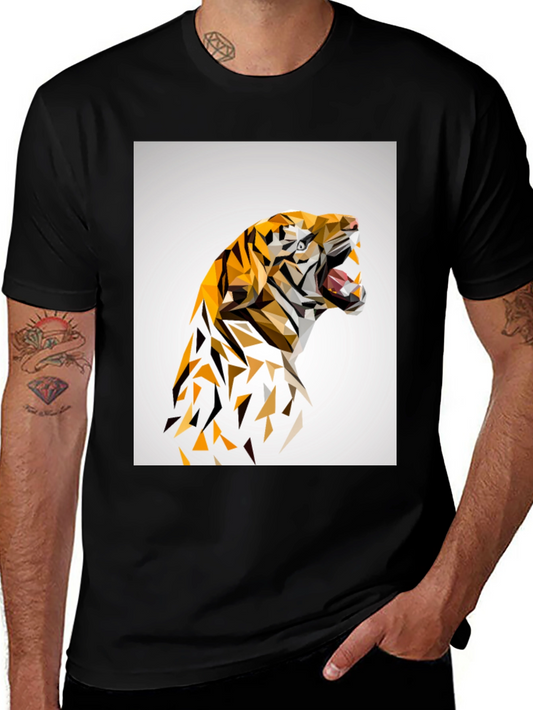 Geometric Tiger Graphic Print Black T-Shirt