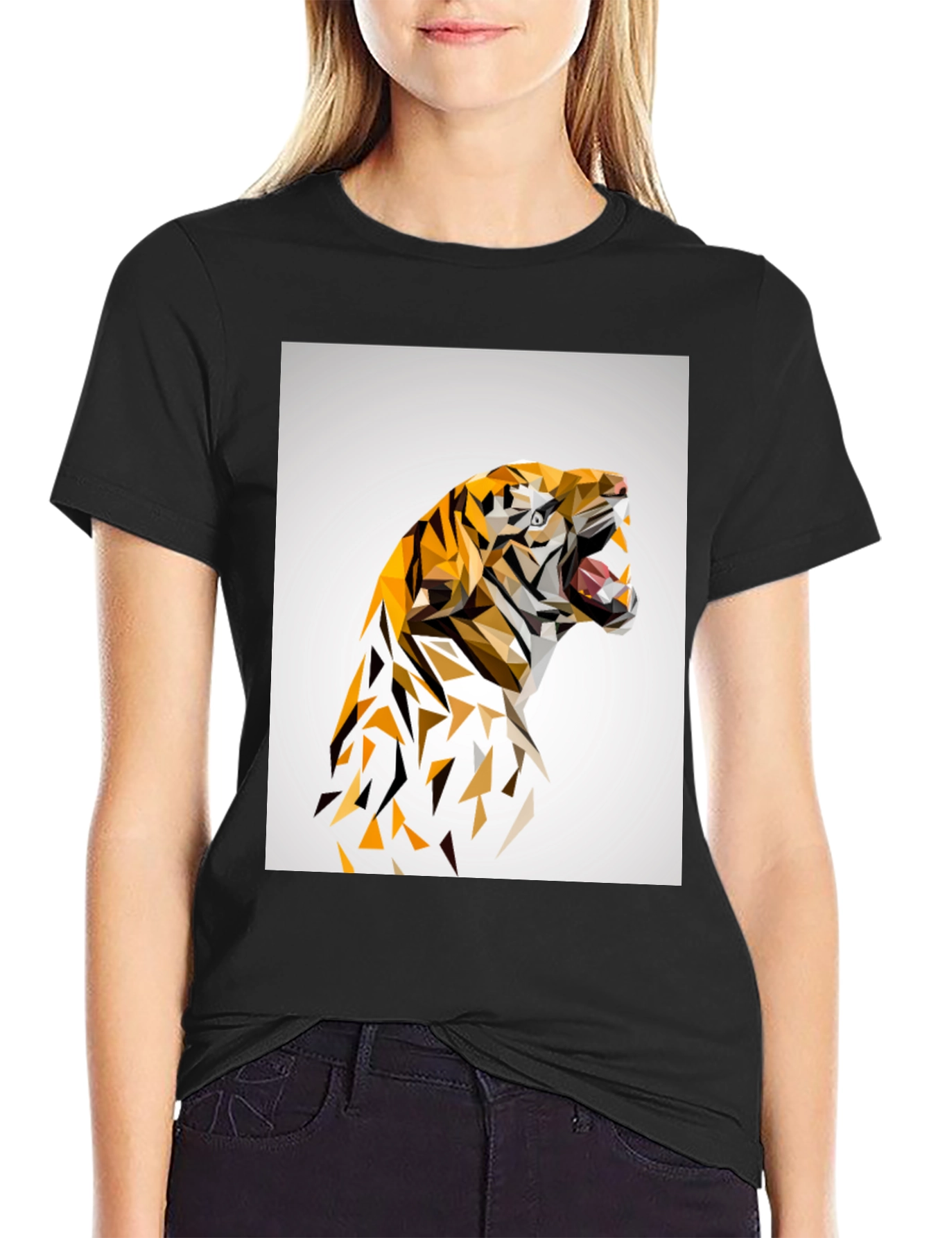 Geometric Tiger Graphic Print Black T-Shirt