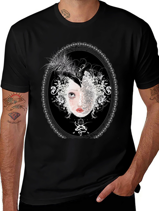Unique Black T-Shirt with Ornamental Portrait Design