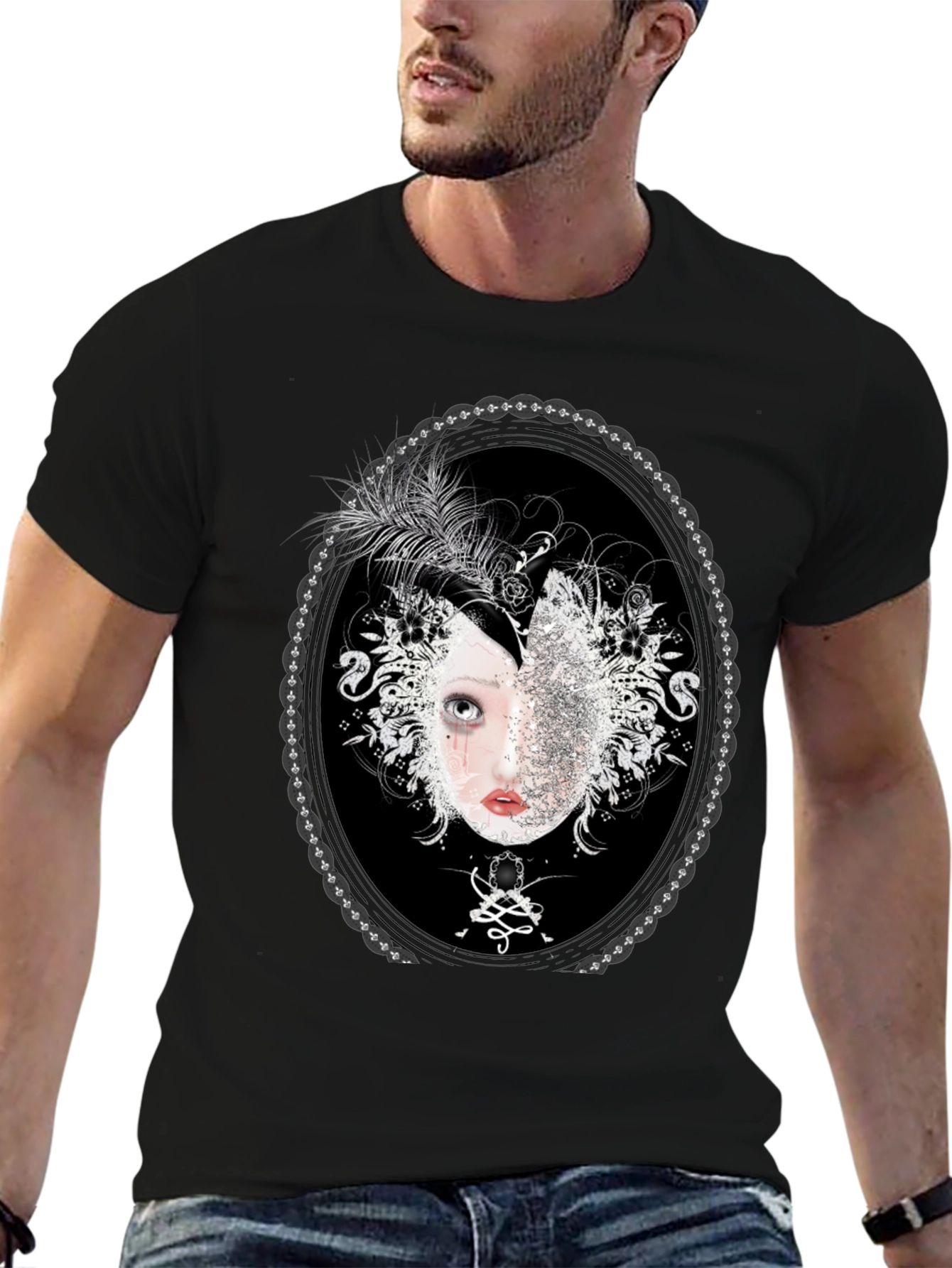 Unique Black T-Shirt with Ornamental Portrait Design