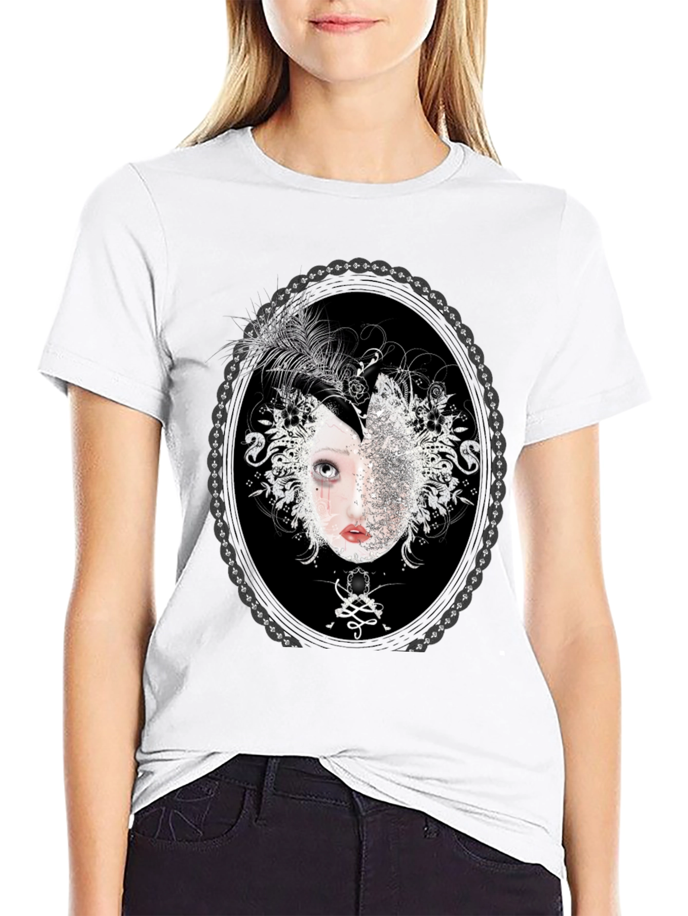 Unique Black T-Shirt with Ornamental Portrait Design