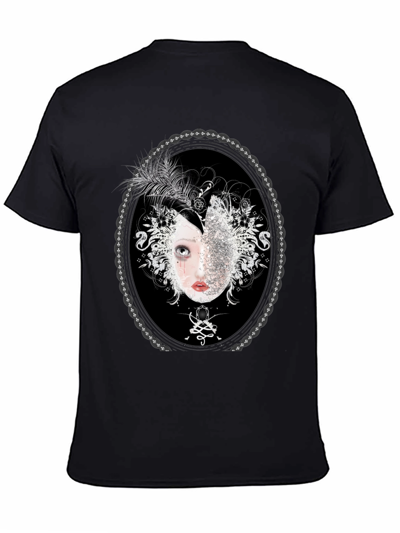 Unique Black T-Shirt with Ornamental Portrait Design
