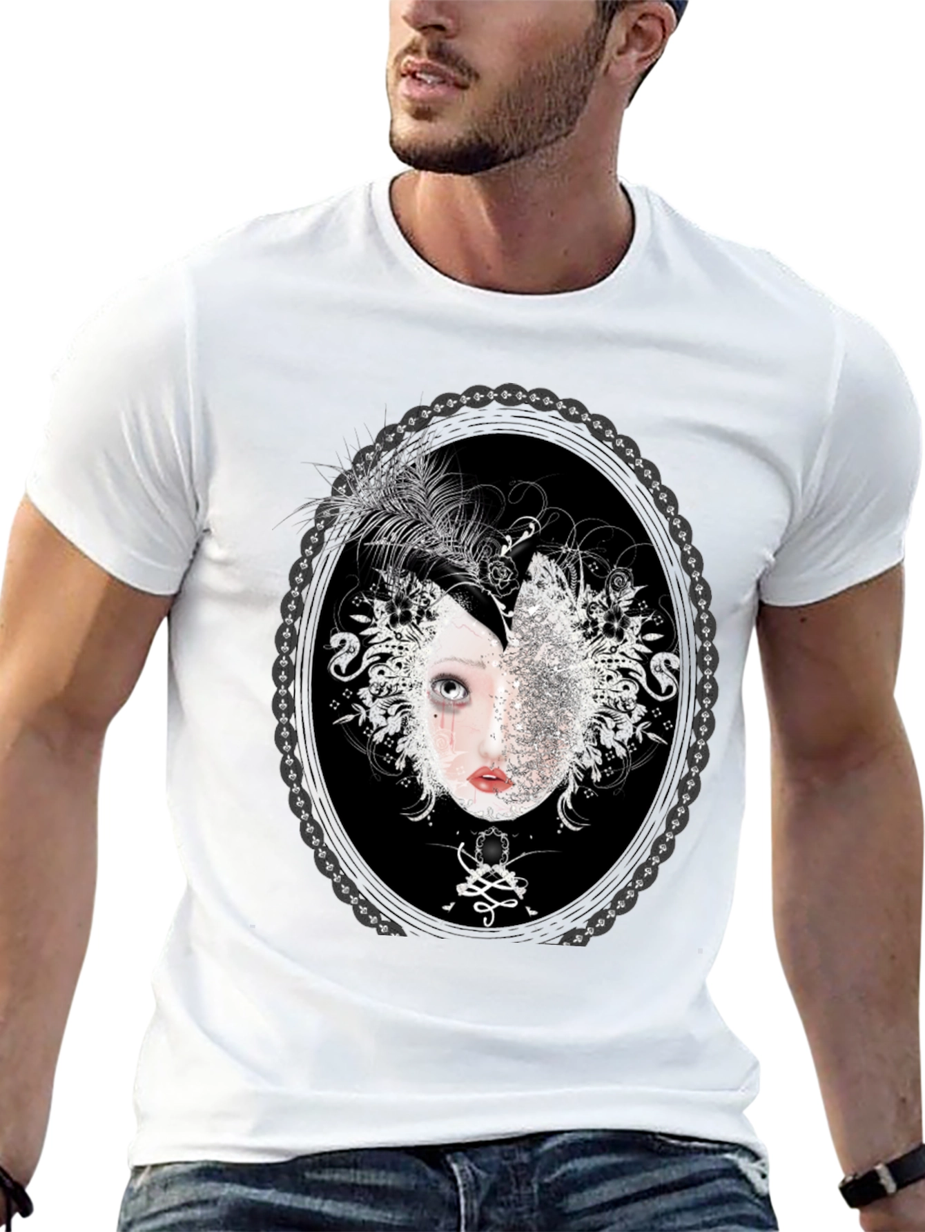 Unique Black T-Shirt with Ornamental Portrait Design