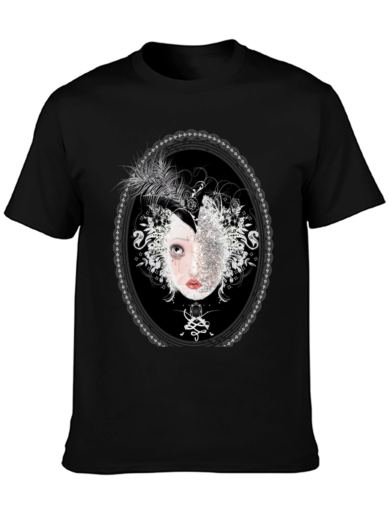 Unique Black T-Shirt with Ornamental Portrait Design