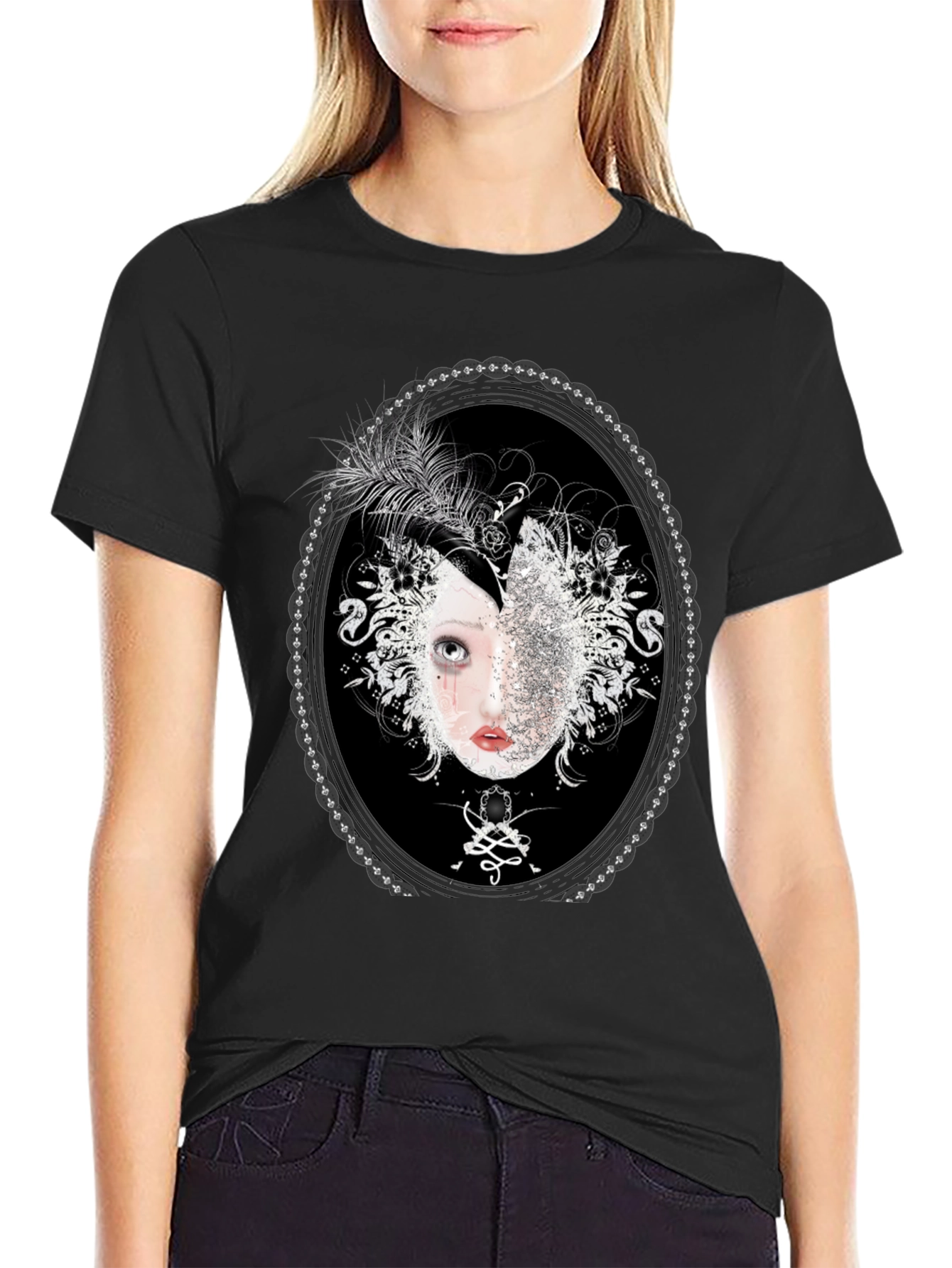 Unique Black T-Shirt with Ornamental Portrait Design