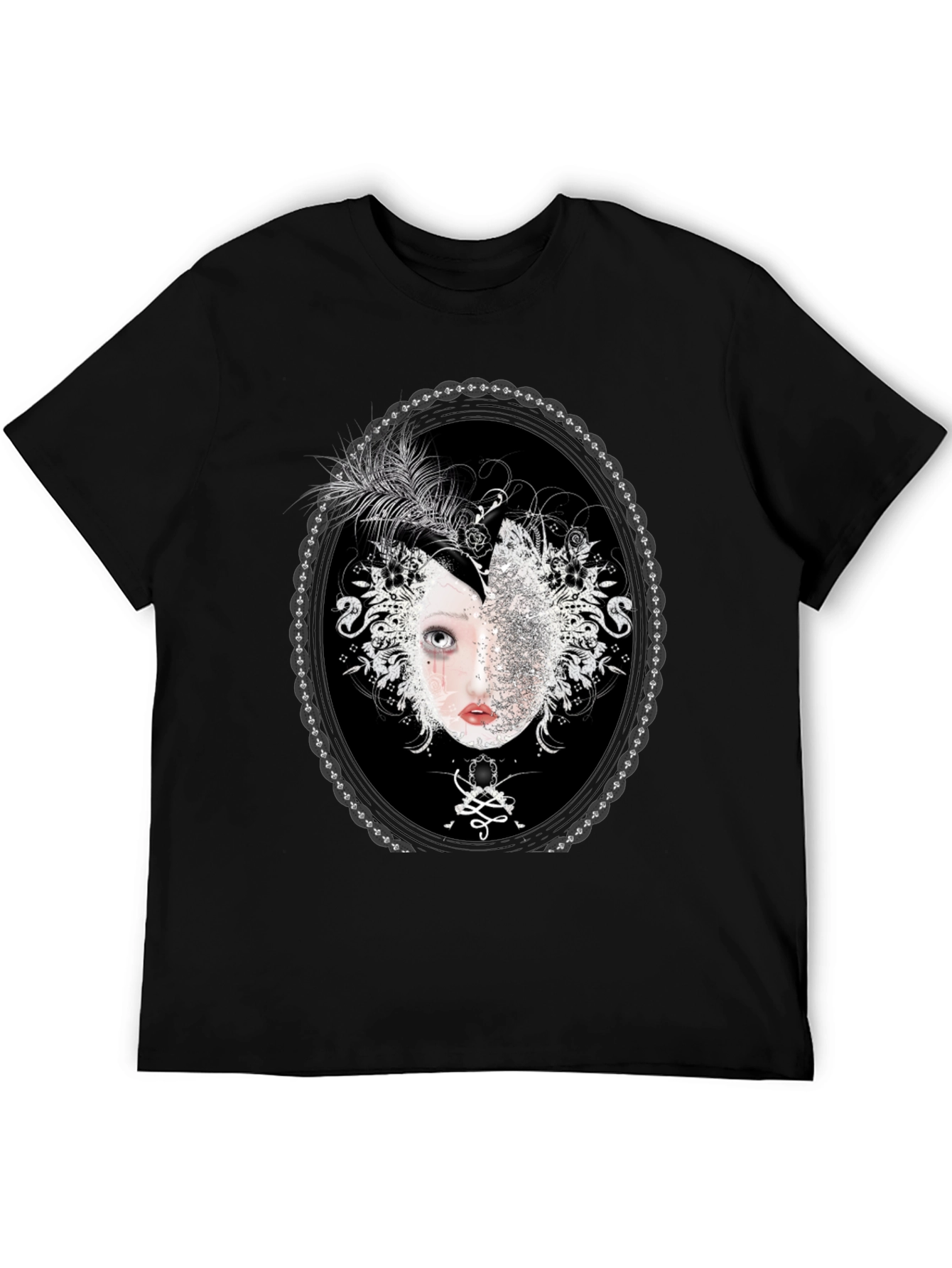 Unique Black T-Shirt with Ornamental Portrait Design
