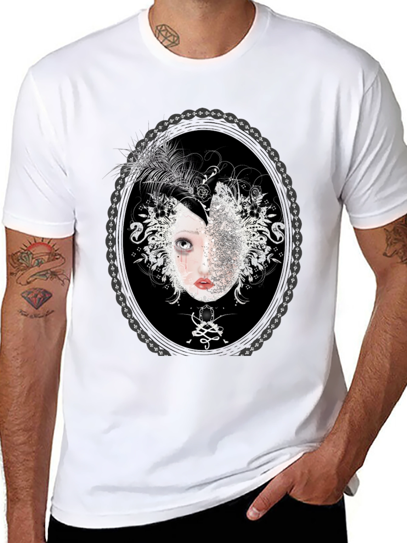 Unique Black T-Shirt with Ornamental Portrait Design