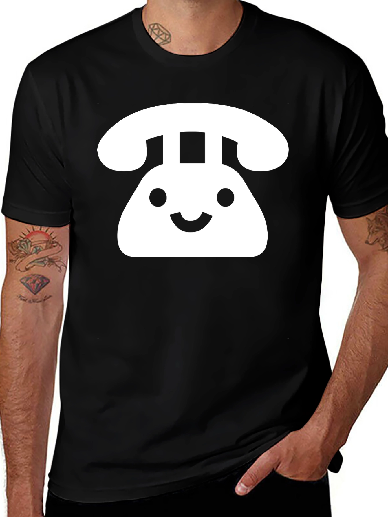 Retro Smiley Phone Graphic T-Shirt - Black